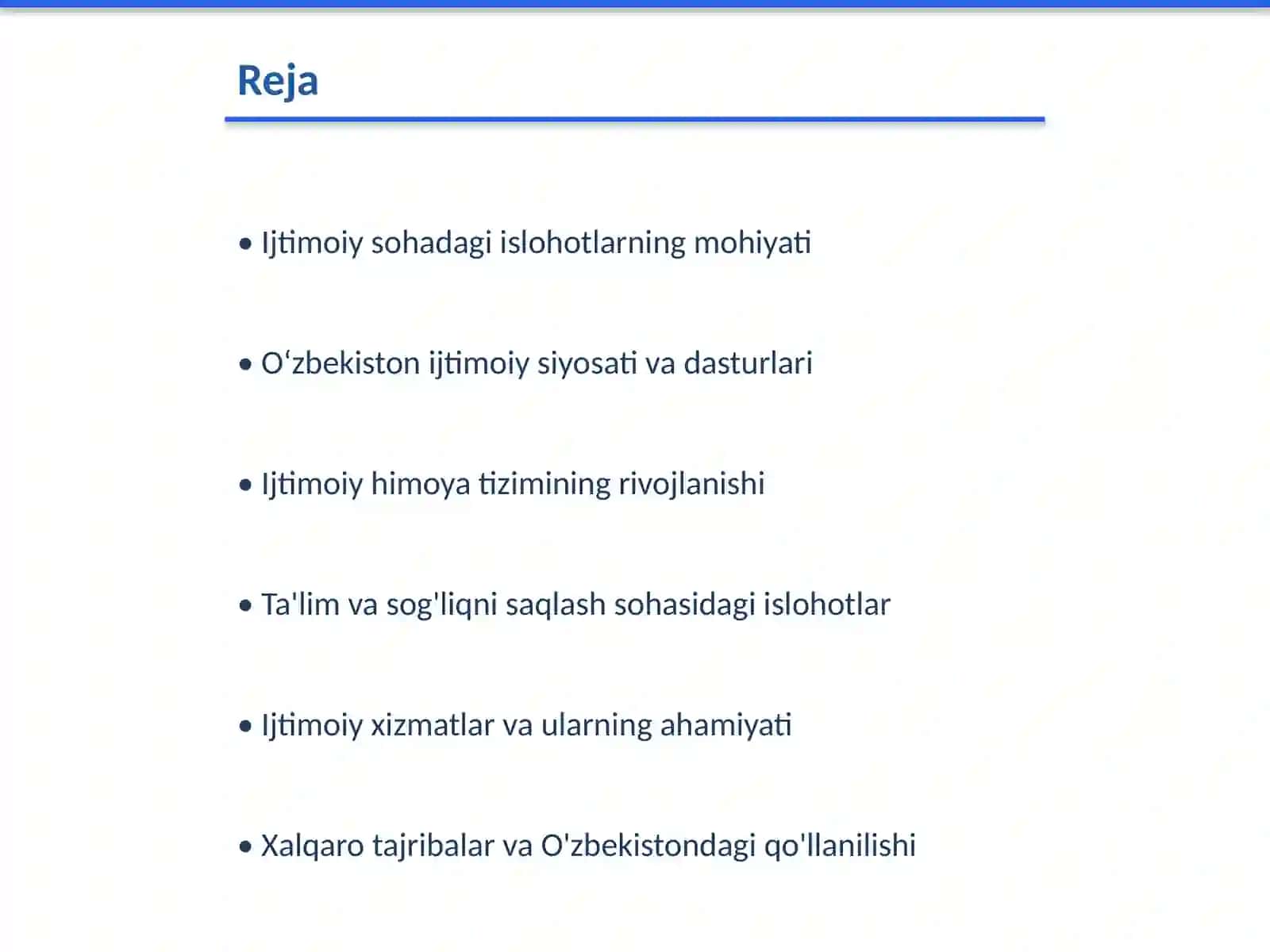Oʻzbekiston Respublikasi ijtimoiy sohadagi islohotlar 2