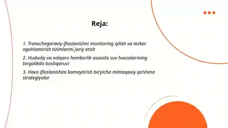 Tabiatni muhofaza qilish faoliyatini takomillashtirish va tabiiy muhitning transchegaraviy ifloslanishining oldini olish bo’yicha mintaqaviy va xalqaro hamkorlikni rivojlantirish 2