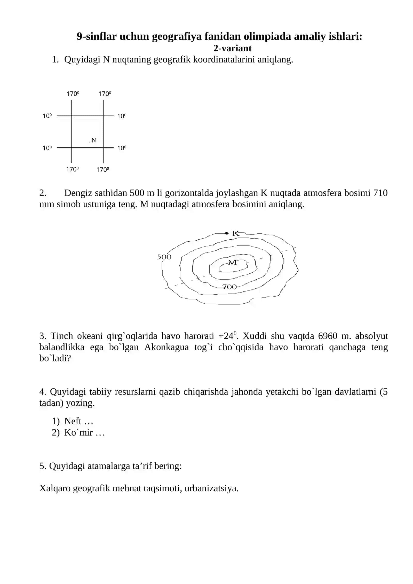 9-sinflar uchun geografiya fanidan olimpiada amaliy ishlari 2