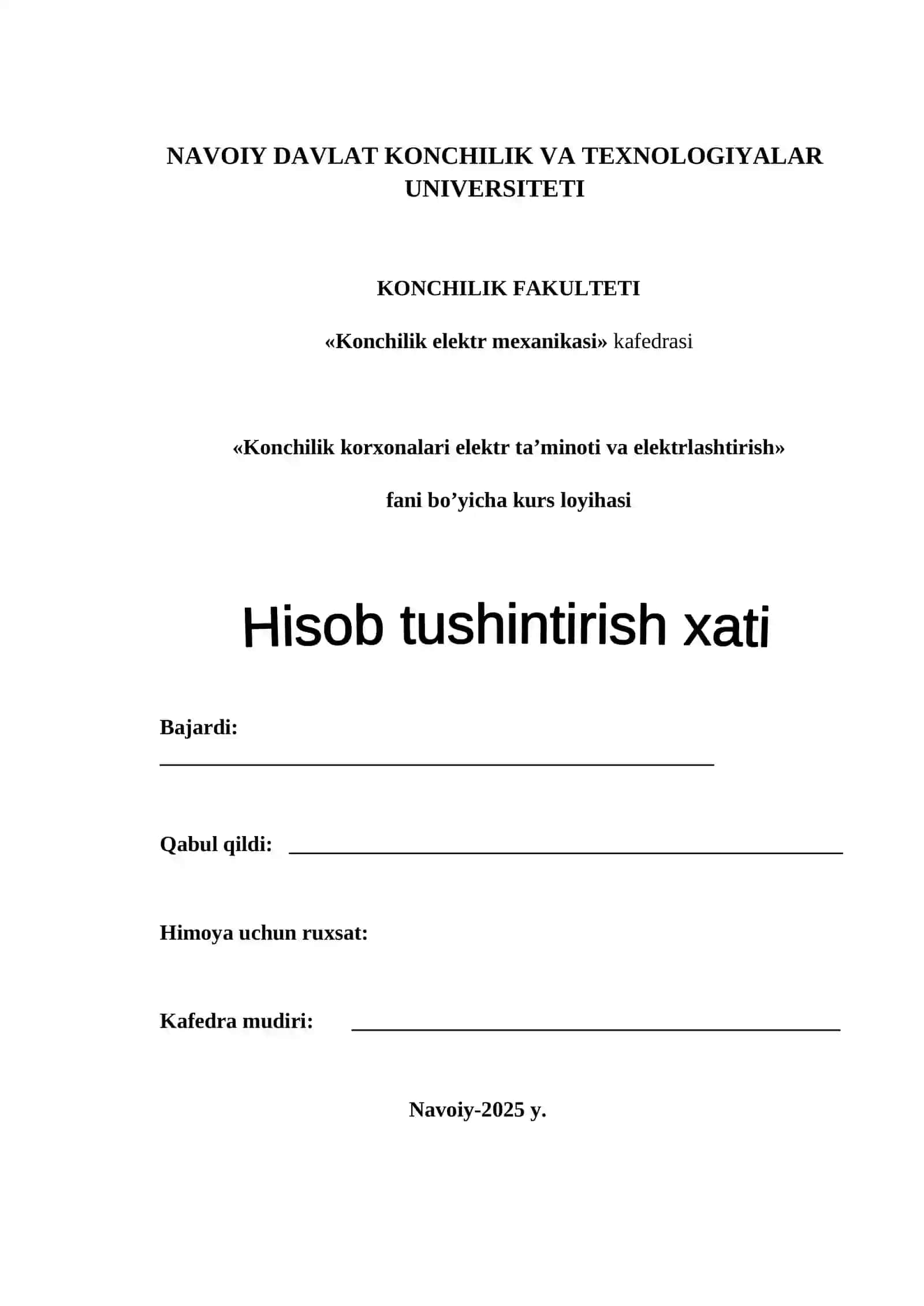 Konchilik korxonalarini elektrlashtirish kurs loyihasi 2