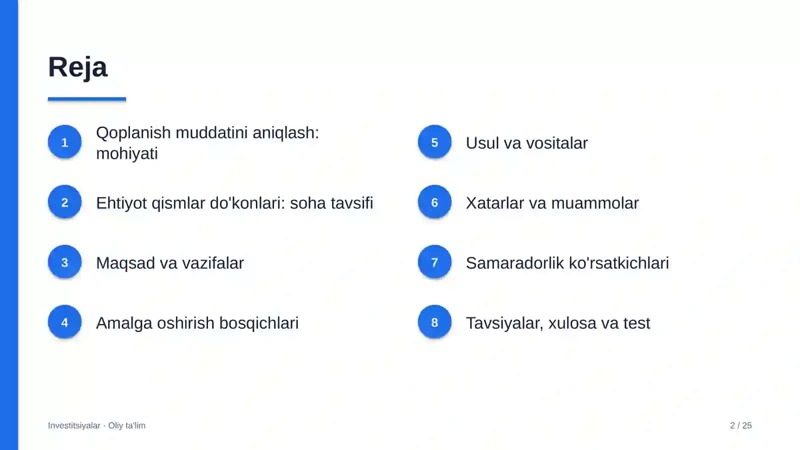 Ehtiyot qismlar do'konlarida investitsiyalarning qoplanish muddatini aniqlash 2