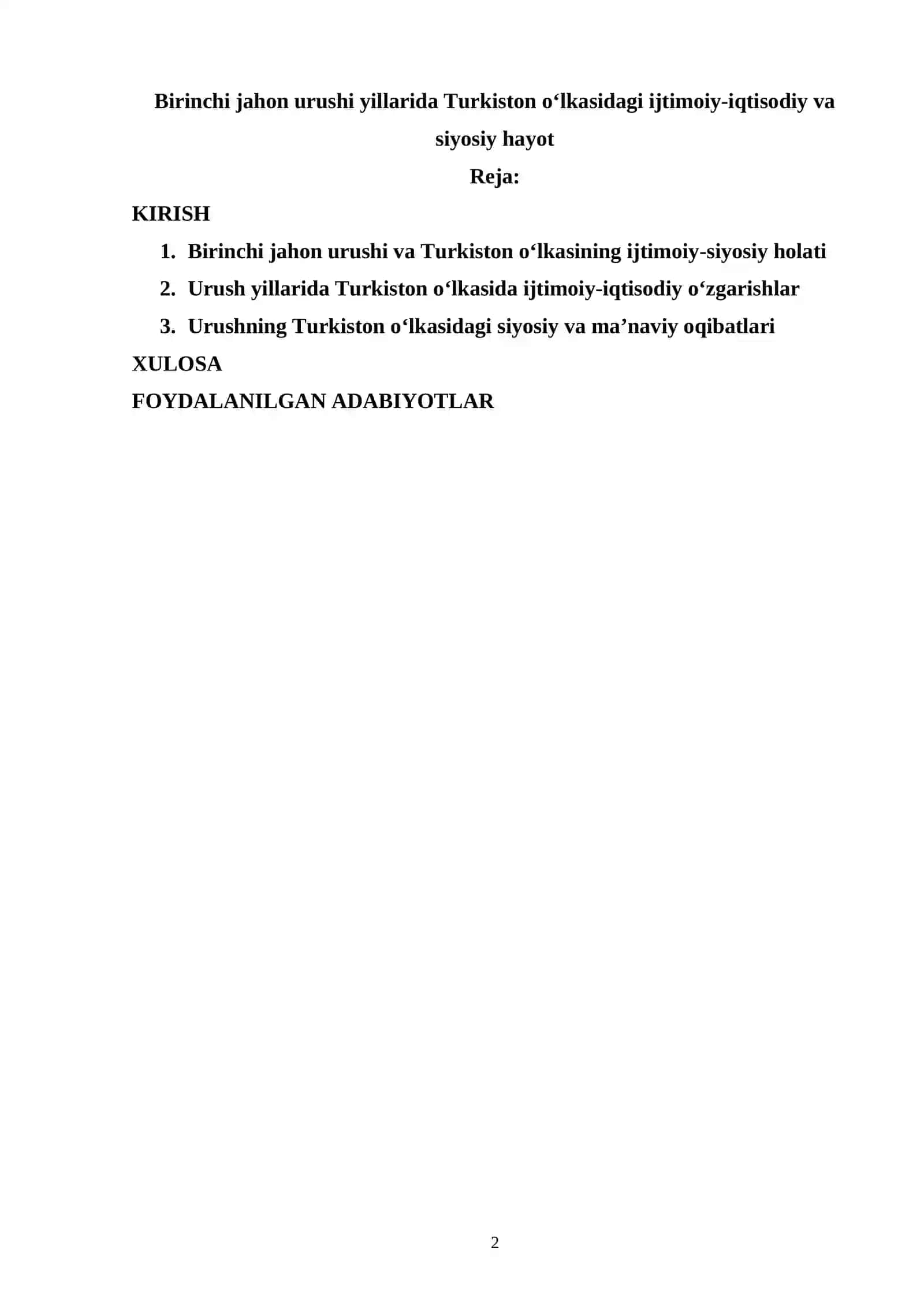 Birinchi jahon urushi yillarida Turkiston o‘lkasidagi ijtimoiy-iqtisodiy va siyosiy hayot 2