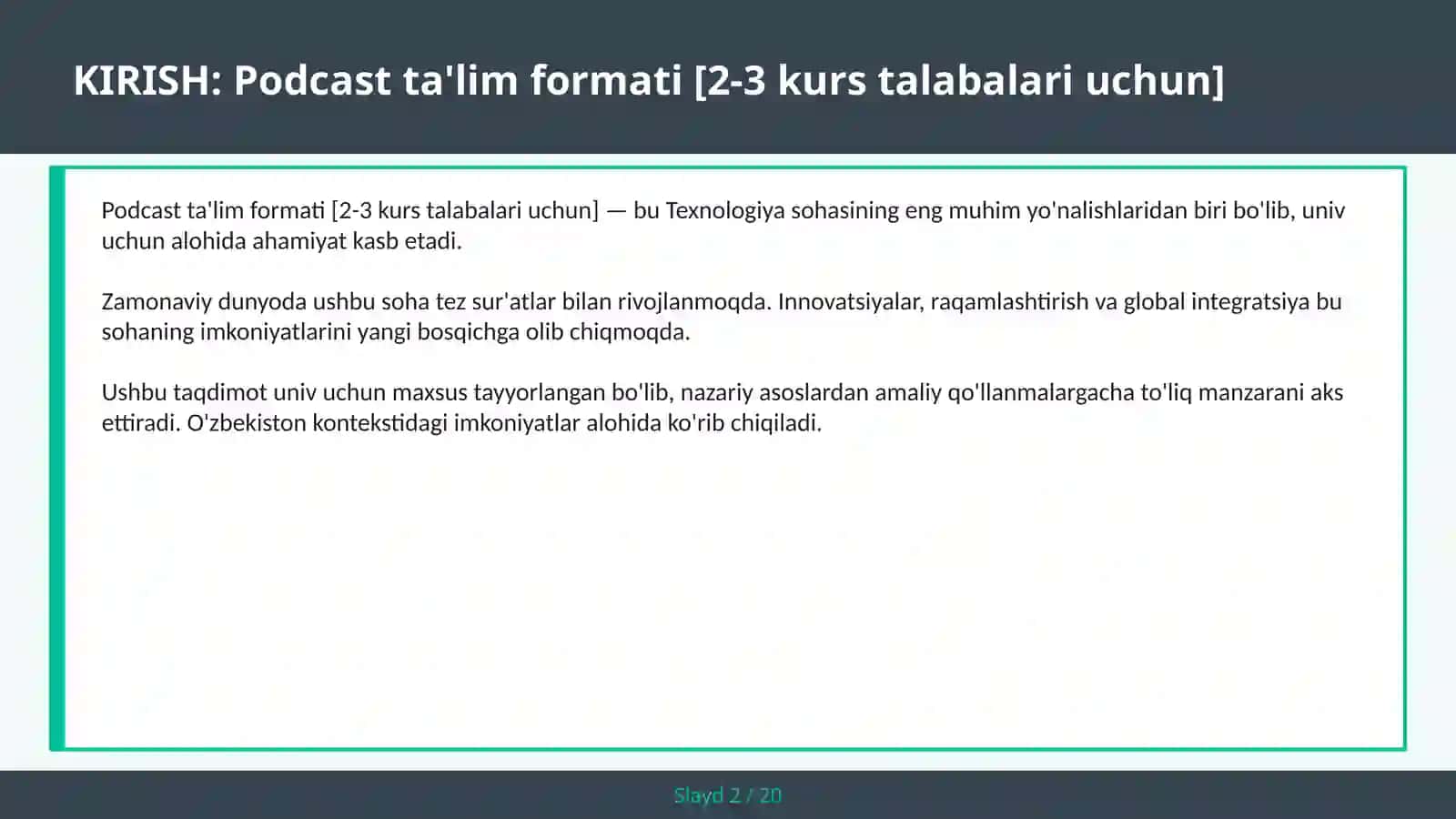 Podcast ta'lim formati [2-3 kurs talabalari uchun] 2