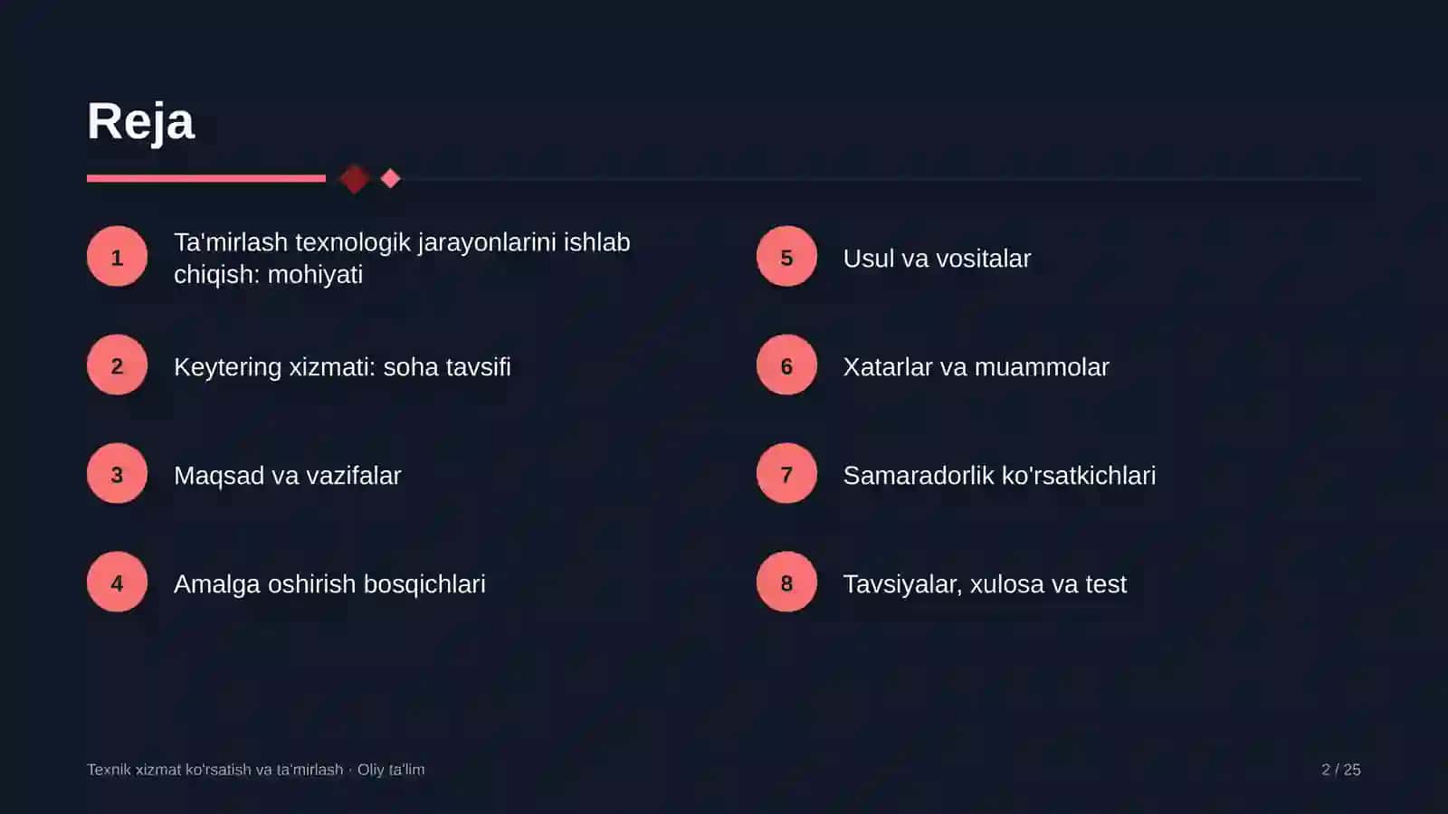 Keytering xizmatida ta'mirlash ishlari texnologik jarayonlarini ishlab chiqish 2