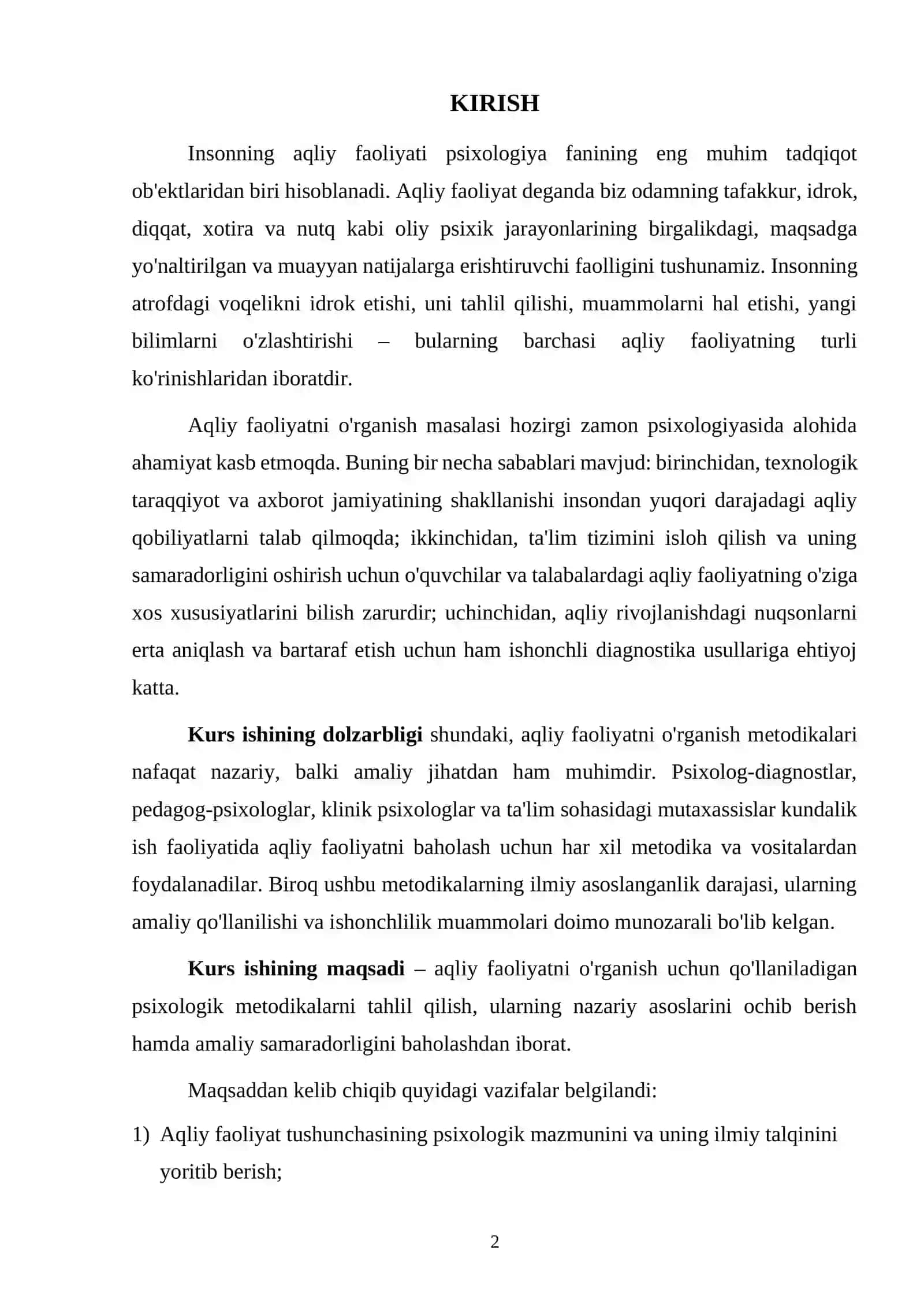 Aqliy faoliyatni o’rganish uchun metodikalar mavzusidagi kurs ishi 2