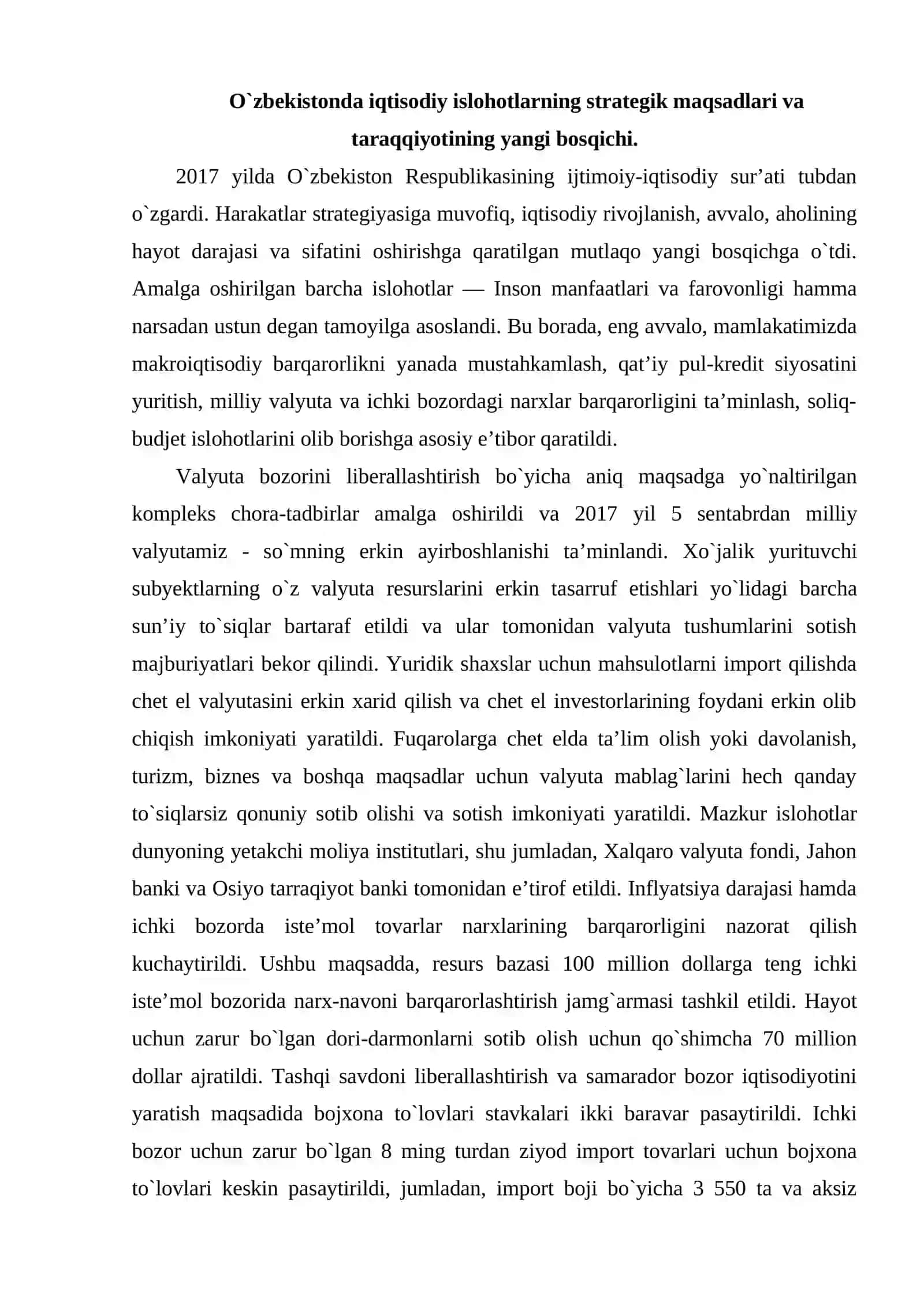 O`zbekiston Respublikasi Prezidenti Sh.M. Mirziyoyev tomonidan ijtimoiy - iqtisodiy islohotlarni yanada jadallashtirilishi 2