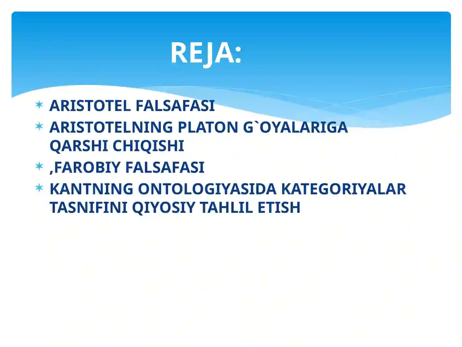 ARISTOTEL FAROBIY VA KAND ONTOLOGIYASIDA KATEGORIYALAR TASNIFI QIYOSIY TAHLIL E`TISH 2