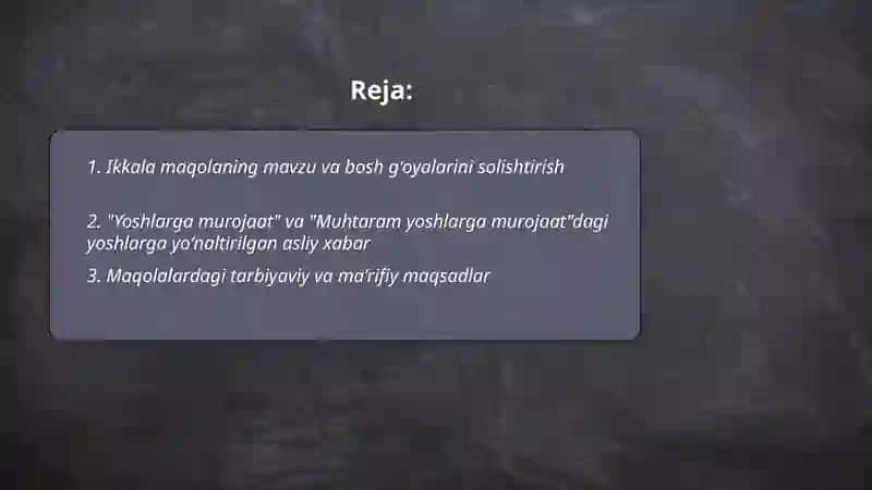 Mahmudxoʻja Behbudiyning "yoshlarga murojaat" va " Muhtaram yoshlarga murojaat" maqolalarni tahlil etish 2