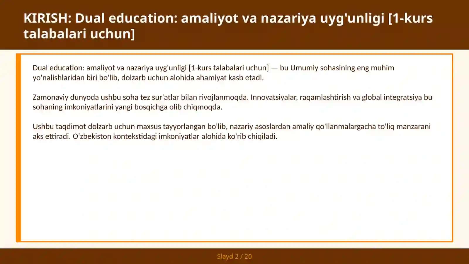 Dual education: amaliyot va nazariya uyg'unligi [1-kurs talabalari uchun] 2
