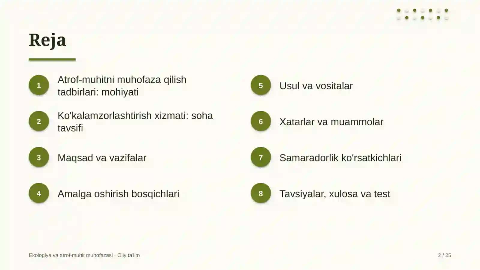 Ko'kalamzorlashtirish xizmatida atrof-muhitni muhofaza qilish tadbirlari 2