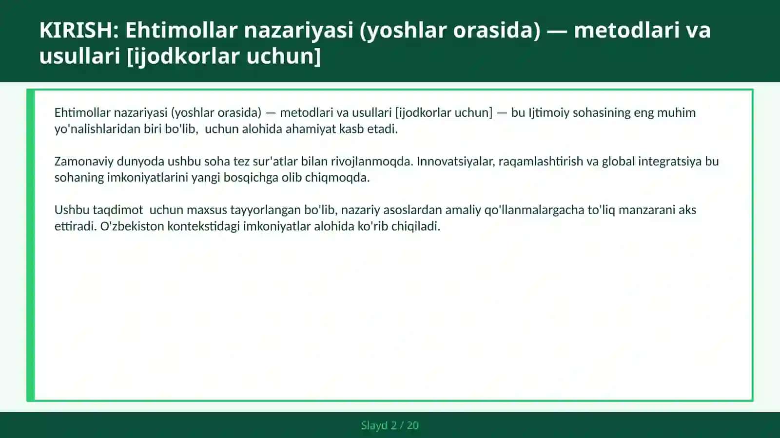 Ehtimollar nazariyasi (yoshlar orasida) — metodlari va usullari [ijodkorlar uchun] 2