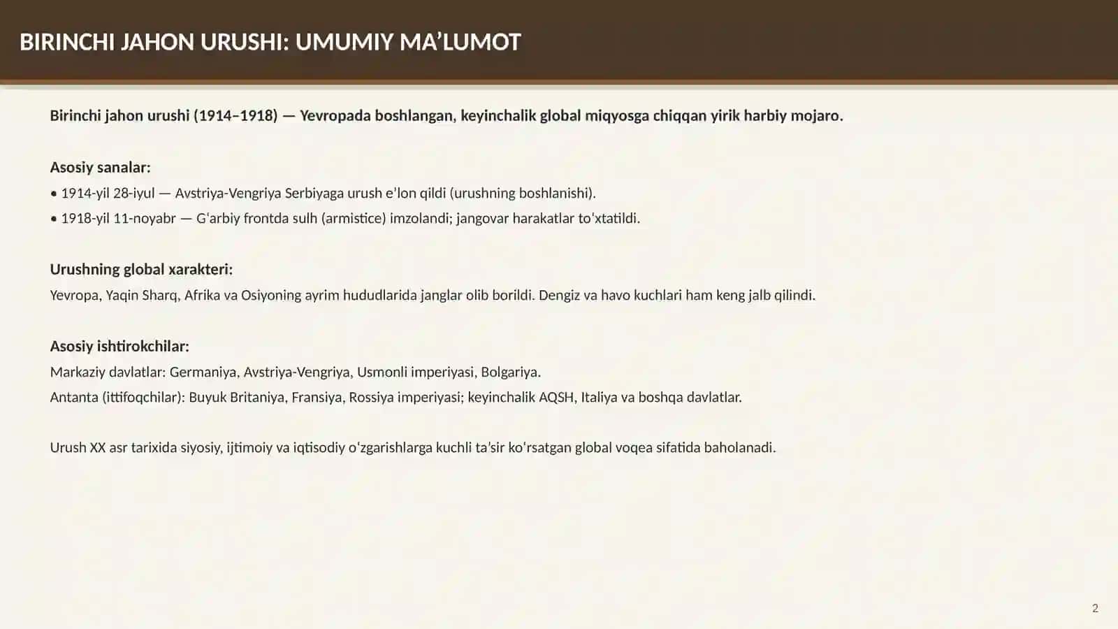 BIRINCHI JAHON URUSHI VA UNING OQIBATLARI 1914–1918-YILLARDA YUZ BERGAN GLOBAL HARBIY MOJARO 2