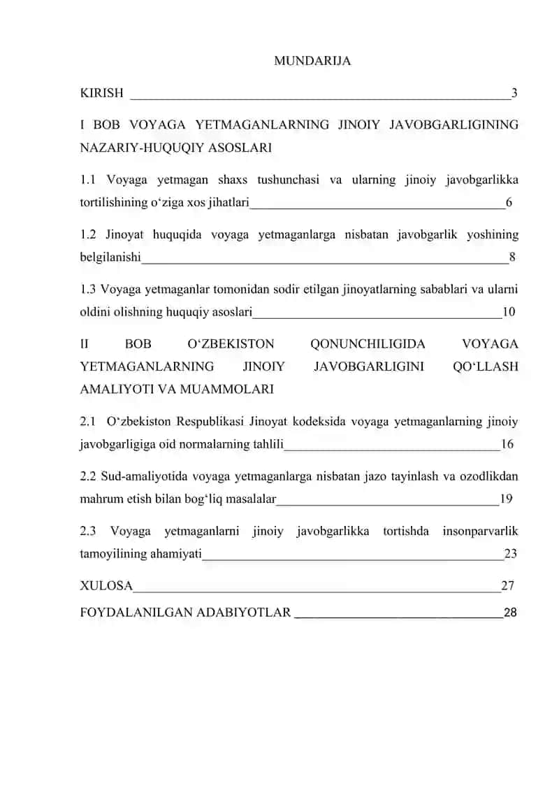 "O‘zbekiston qonunchiligida voyaga yetmaganlarning jinoiy javobgarligining ayrim masalalari" KURS ISHI 2
