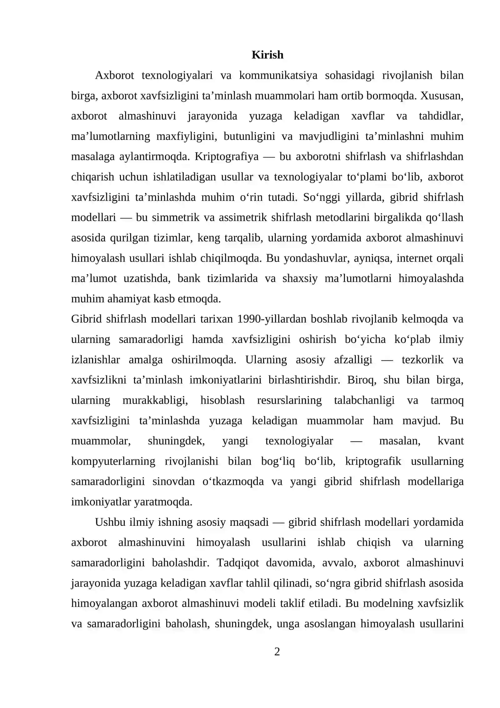 GIBRID SHIFRLASH MODELLARIDAN FOYDALANGAN HOLDA AXBOROT ALMASHINUVINI HIMOYALASH USULLARINI ISHLAB CHIQISH 2