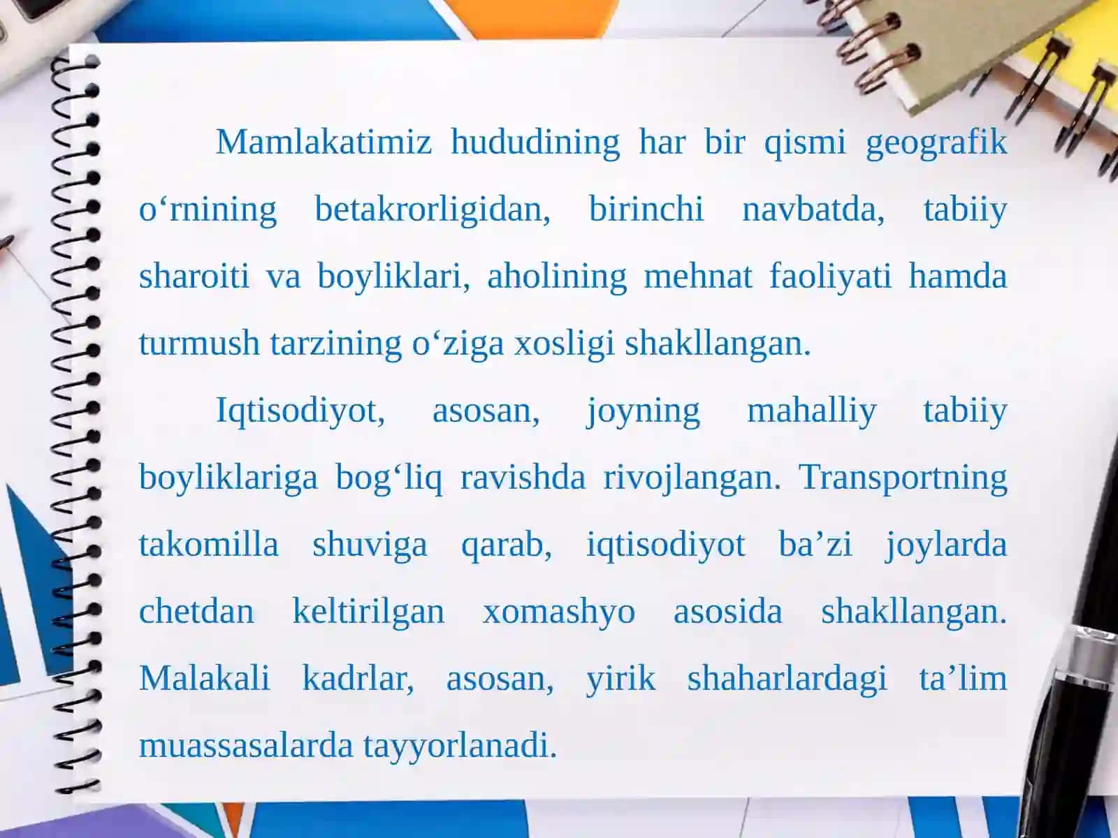 O‘zbеkistоnning rеgiоnаl tаvsifi. O‘ZBEKISTON IQTISODIYOTINI HUDUDIY TASHKIL ETISH. 8-sinf geografiya fanidan dars ishlanma. 2