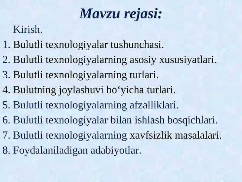 Bulutli texnologiyalar va ular bilan ishlash. Blokcheyn texnologiyasi va undan foydalanish yo‘llari. Elektron biznes va Mobil-tijorat. Axborot  xavfsizligini ta’minlash usullari 2