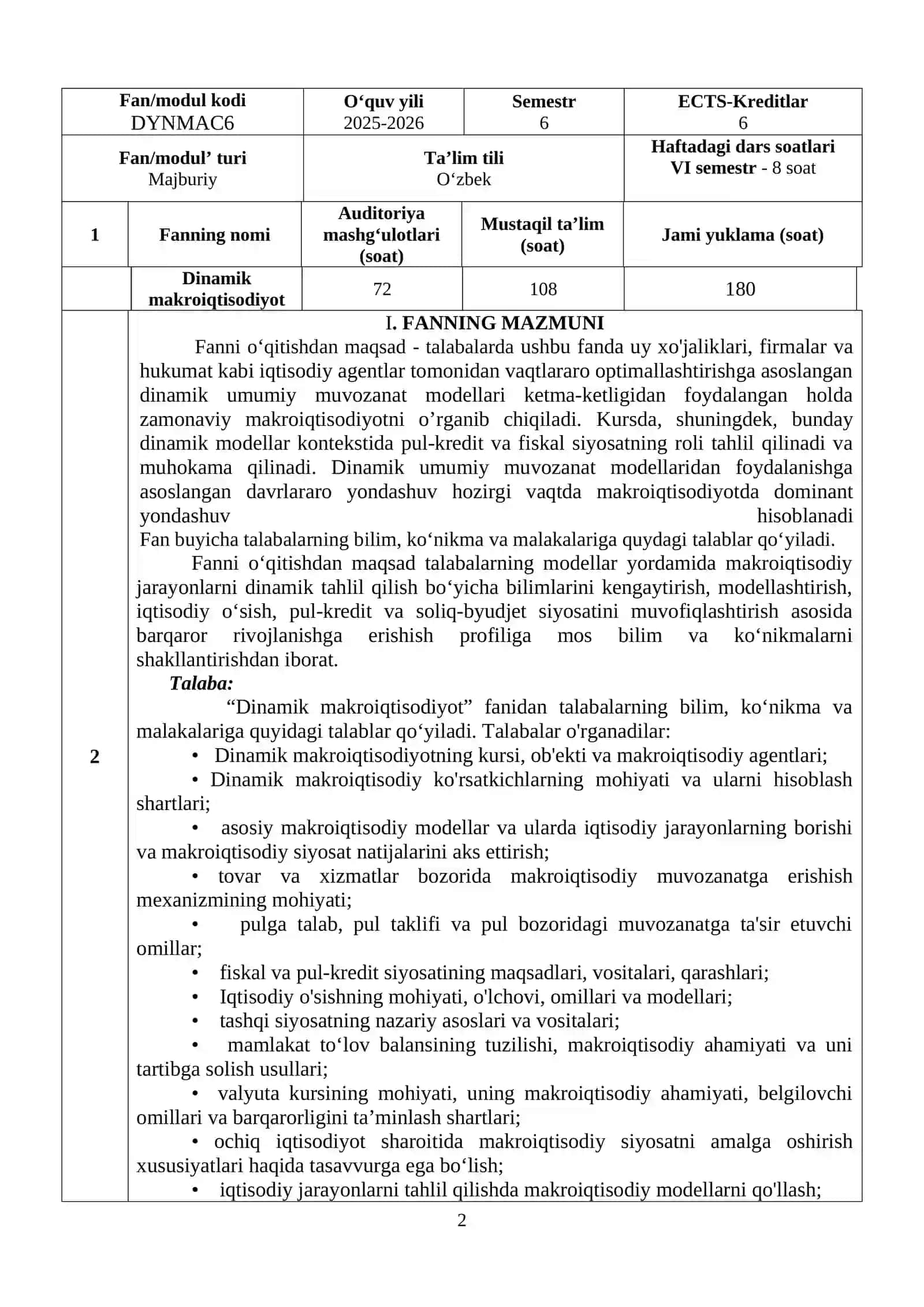 DINAMIK MAKROIQTISODIYOT FANINING O’QUV DASTURI 2