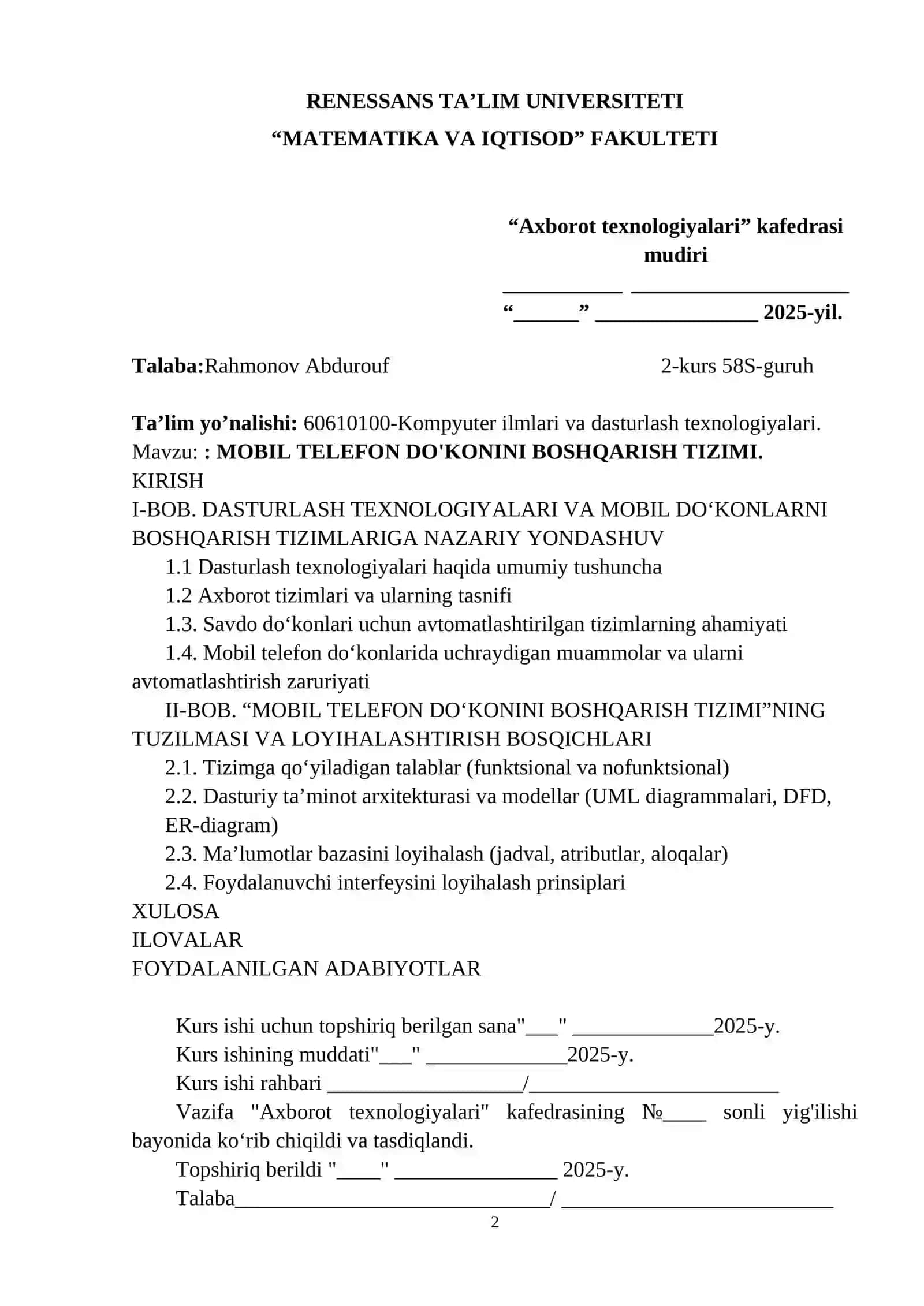 KURS ISHI: MOBIL TELEFON DO'KONINI BOSHQARISH TIZIMI 2