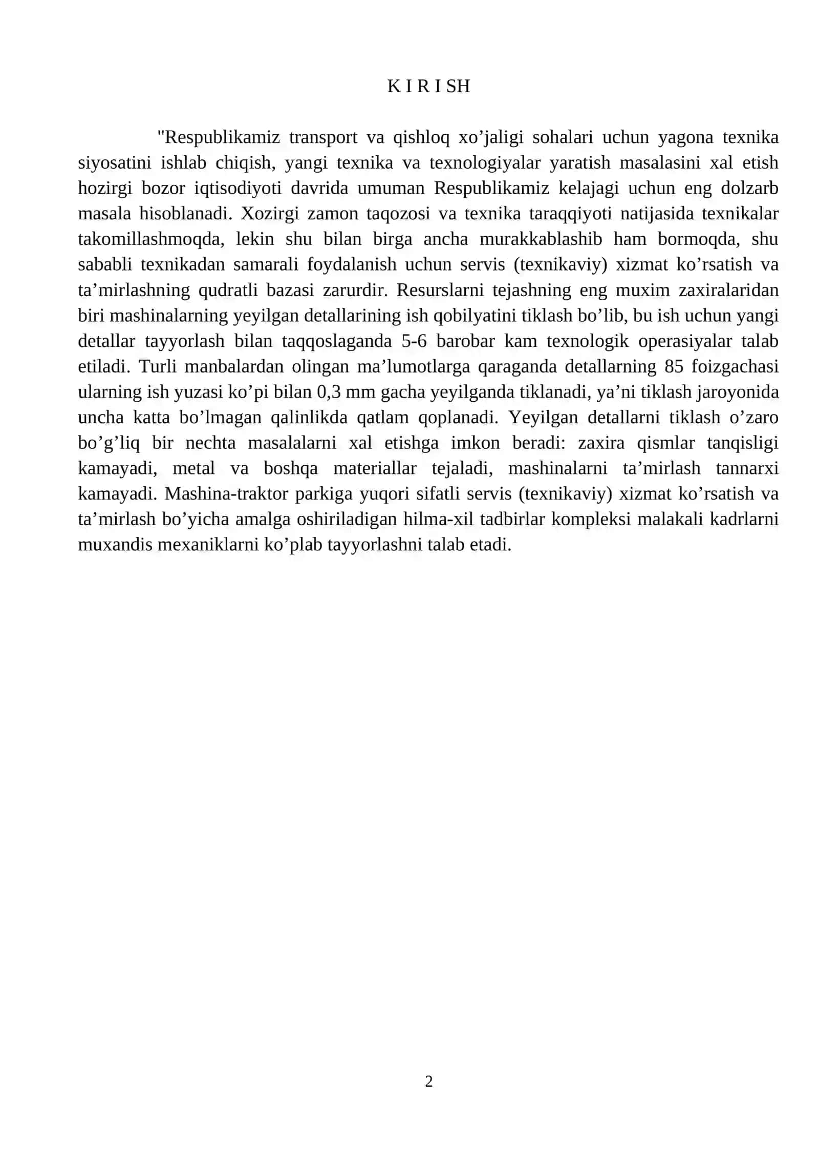 "Transport vositalari detallarini ta’mirlash" fanidan tajriba mashgulotlar 2
