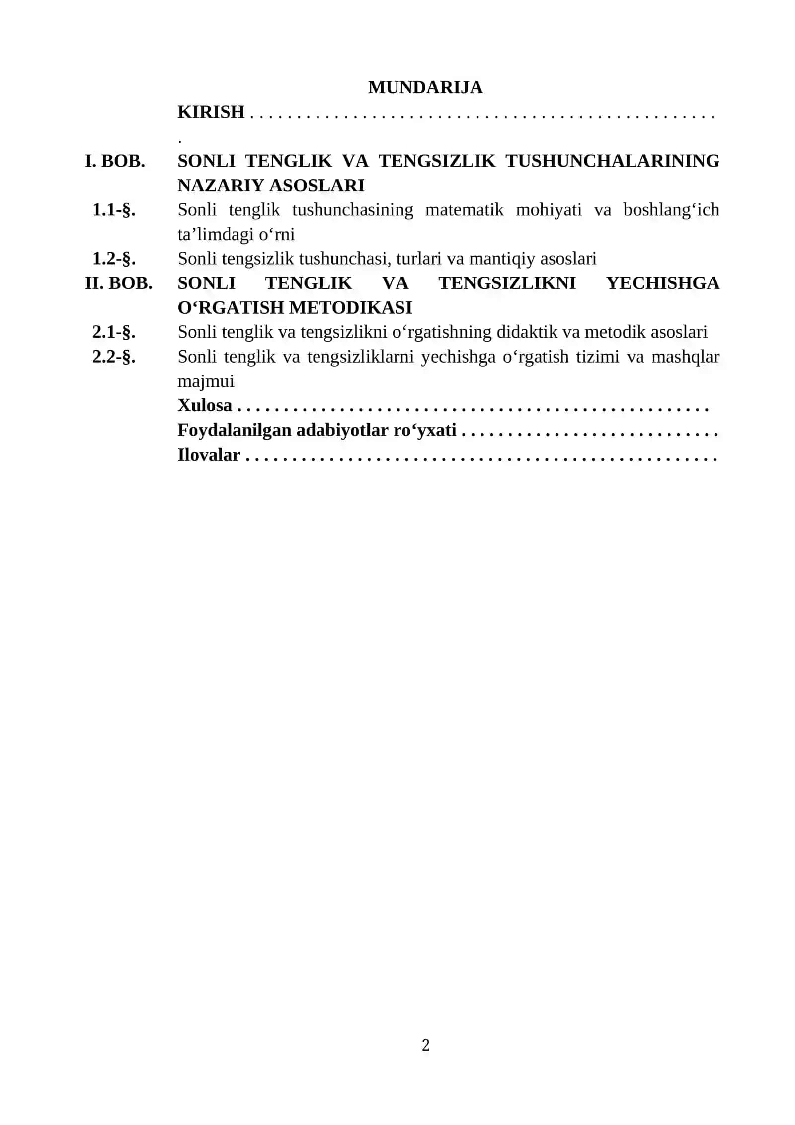 SONLI TENGLIK, TENGSIZLIK VA UNI YECHISHGA O‘RGATISH METODIKASI 2