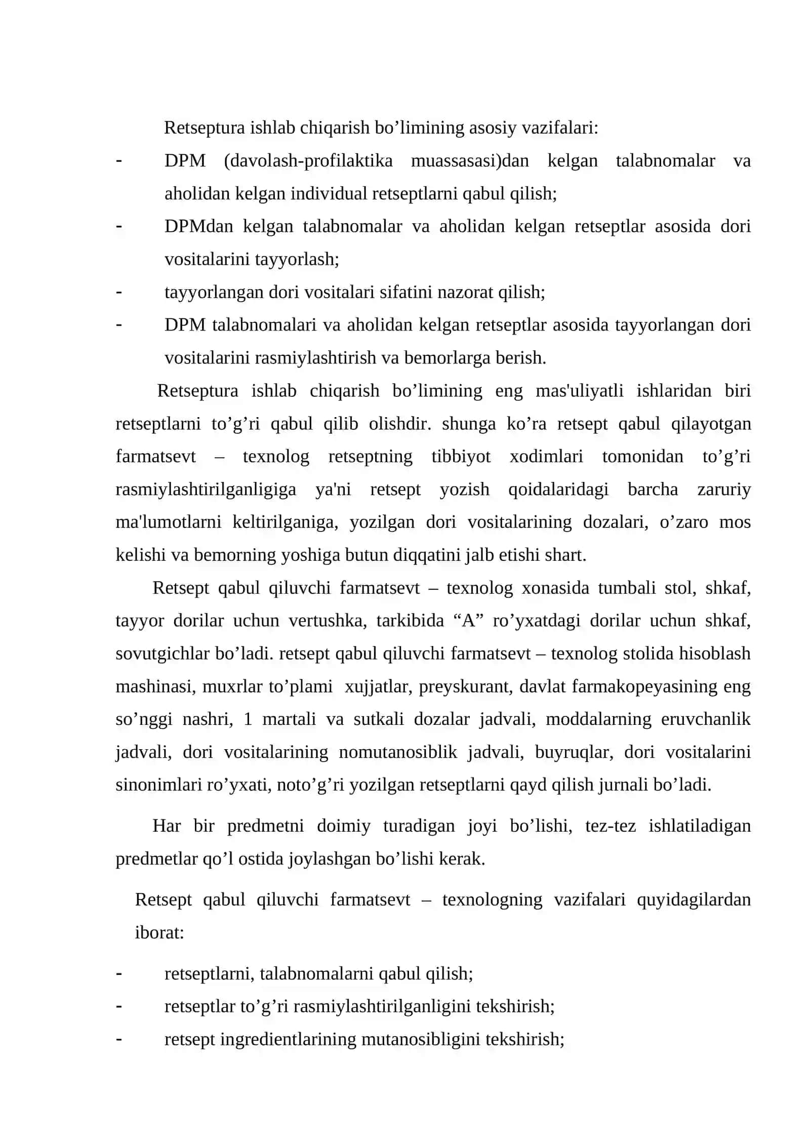 Dorixona reseptura ishlab chiqarish bo`limining asosiy vazifalari 2
