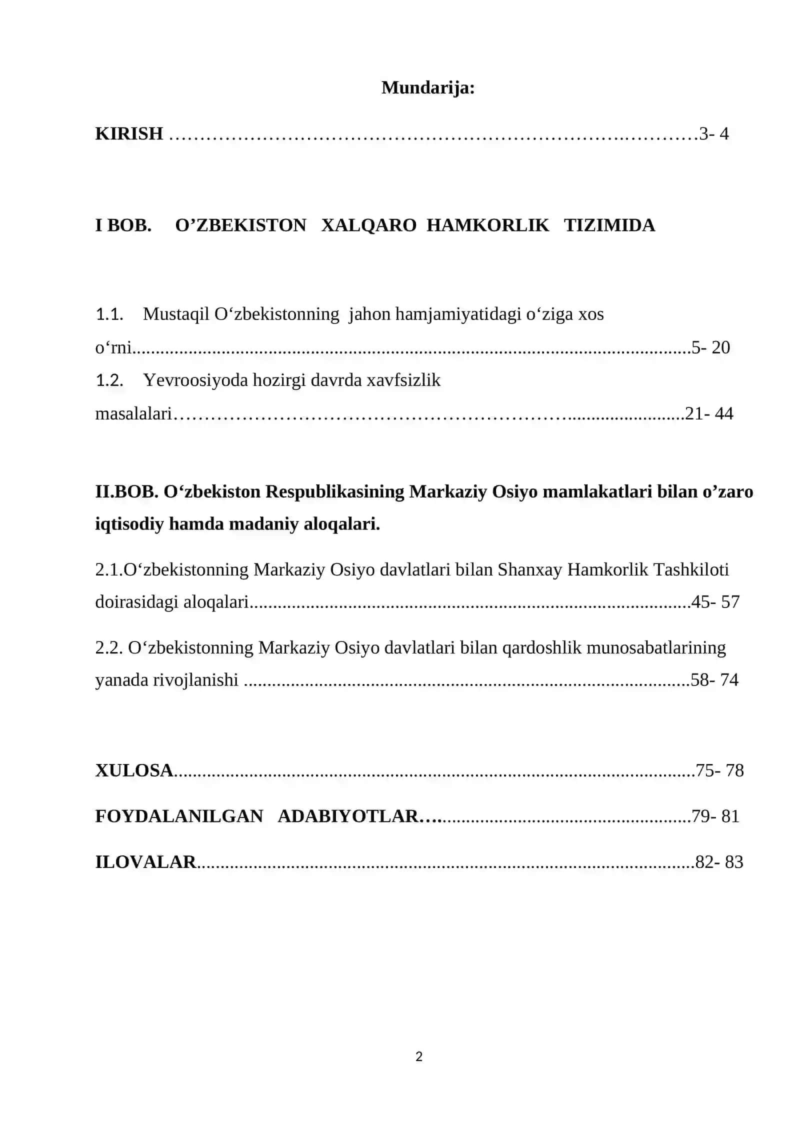 O’zbekiston xalqaro va mintaqalararo Yevroosiyo hamkorligi tizimida BITIRUV MALAKAVIY ISHI 2