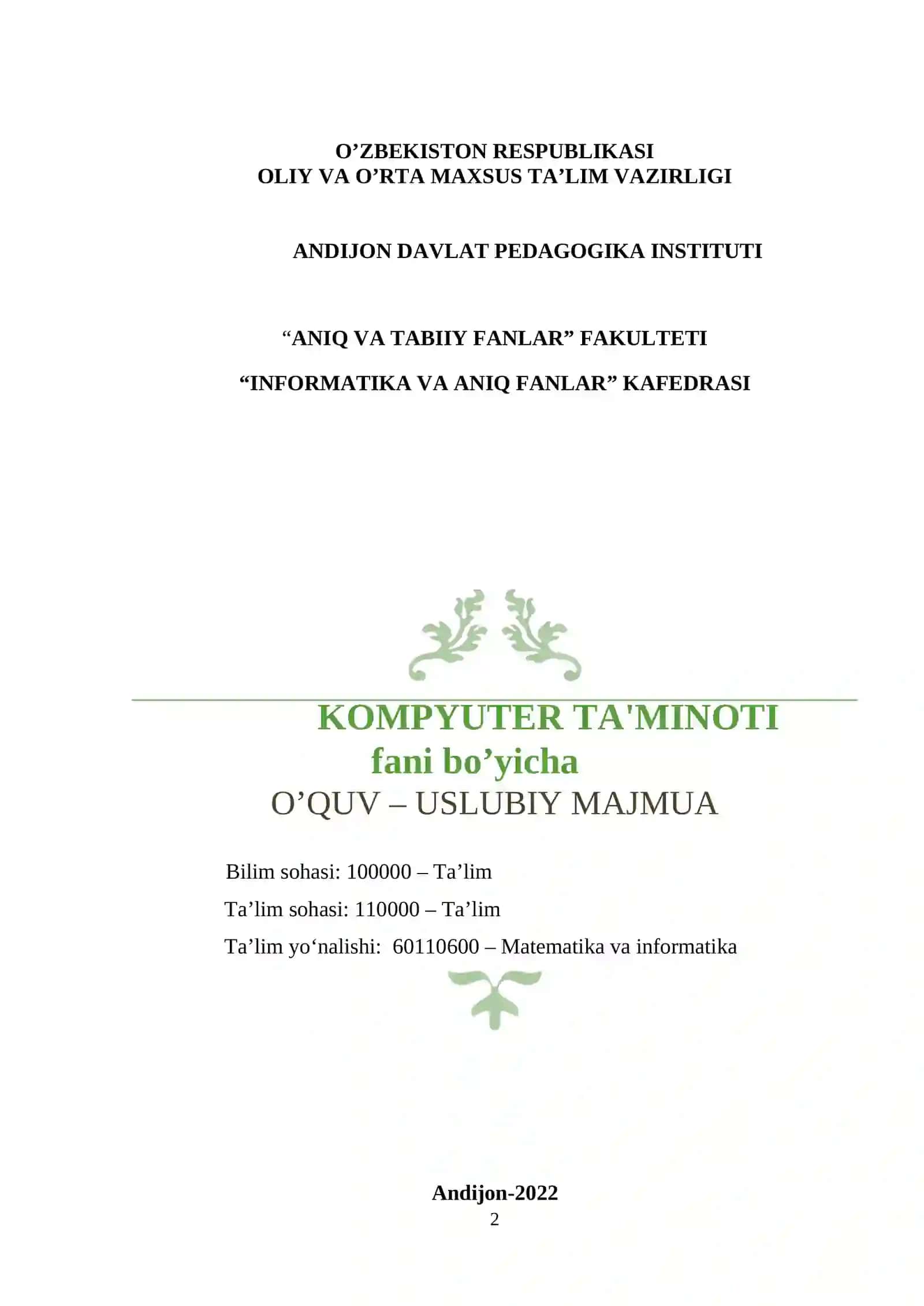 KOMPYUTER TA'MINOTI fani bo’yicha O’QUV – USLUBIY MAJMUA 2