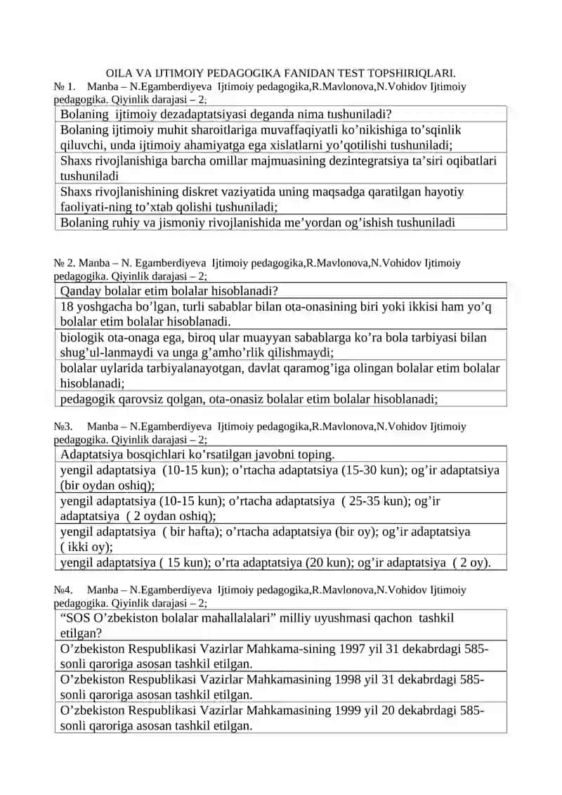 OILA VA IJTIMOIY PEDAGOGIKA FANIDAN FANINING TEST SAVOLLARI 2
