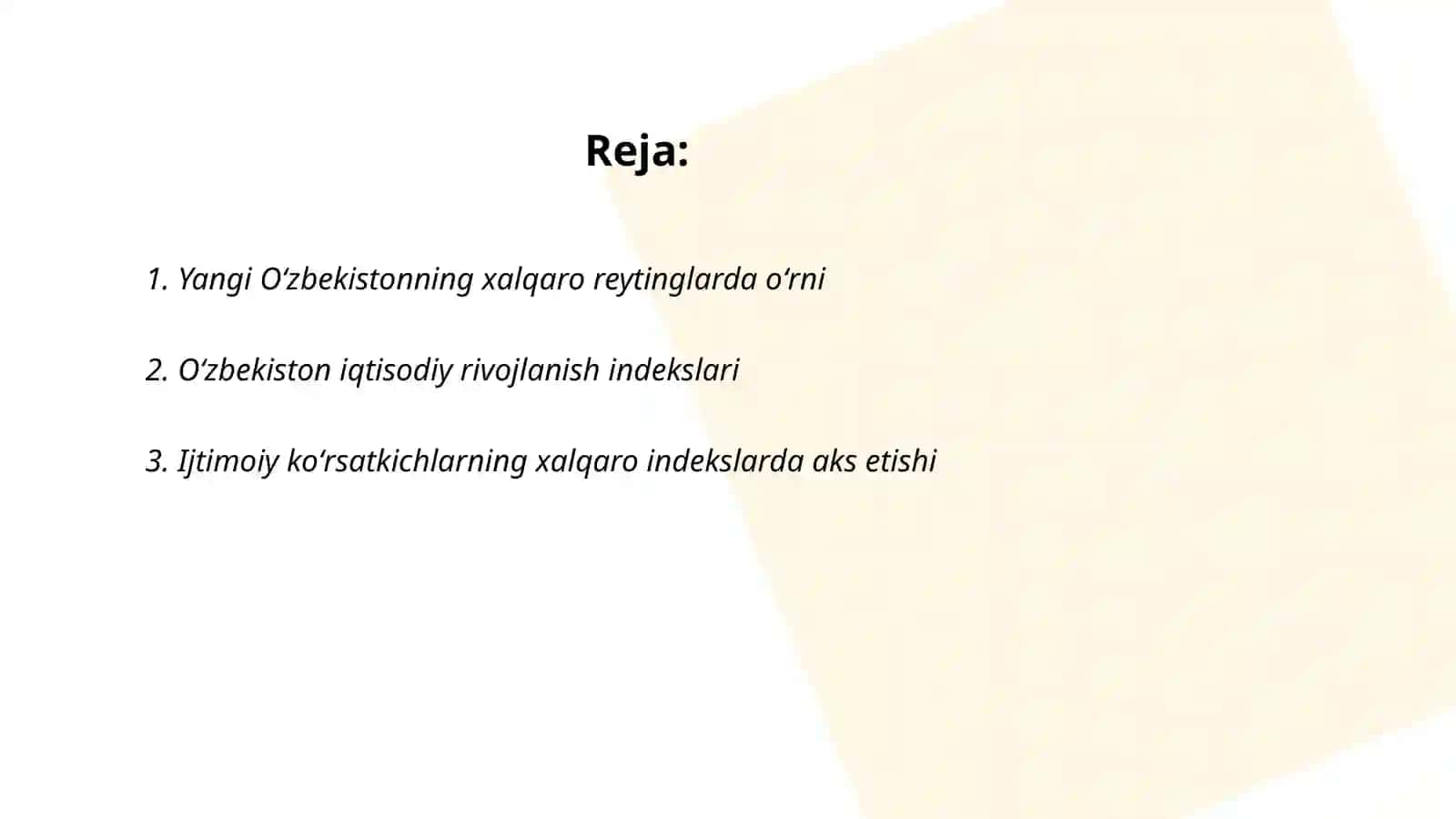 Yangi Õzbekiston ijtimoiy-siyosiy,iqtisodiy va madaniy hayotida rõy berayotgan õzgarishlarning xalqaro reyting va indekslarda aks etishi 2