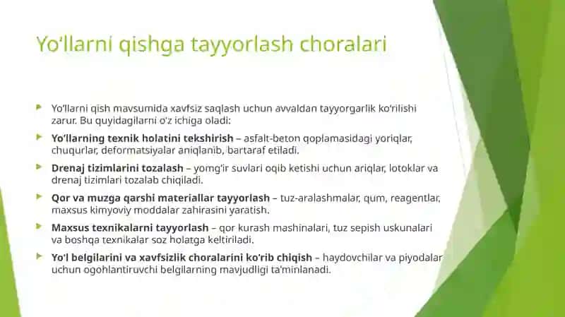Yo'llarga qishgi saqlashga qo'yilgan talablar. 2