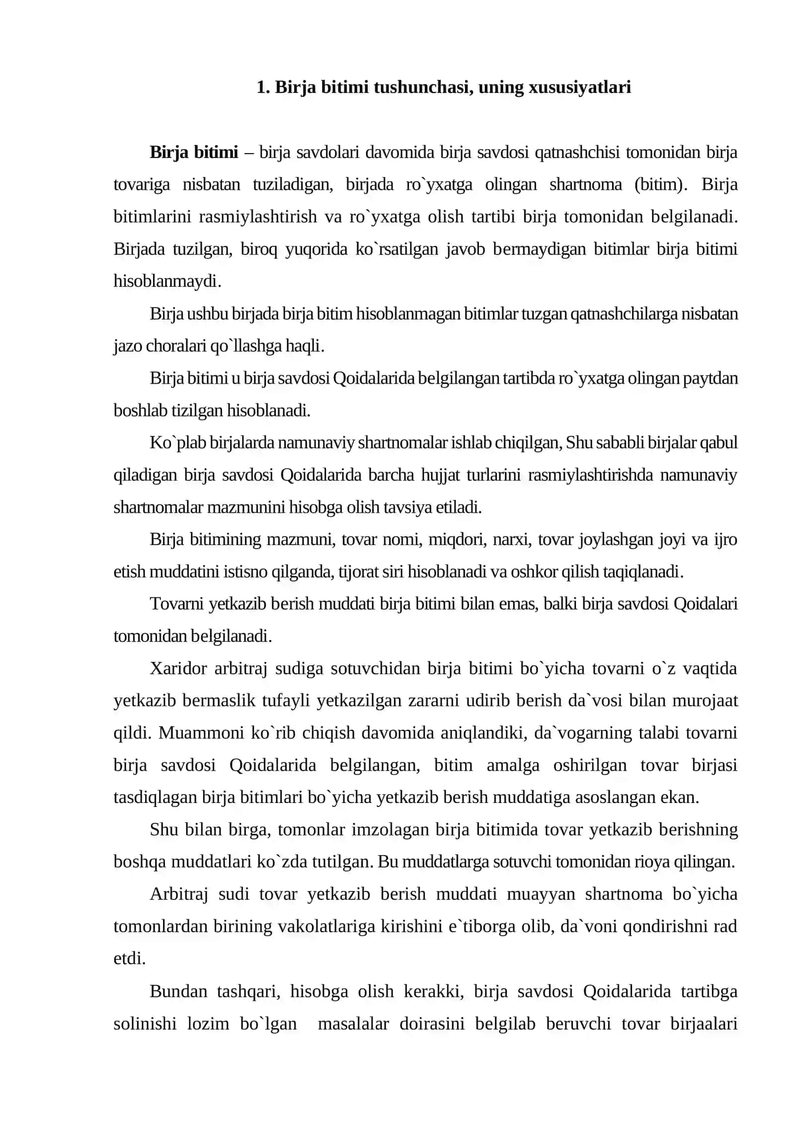 Birja bitimi tushunchasi, uning xususiyatlari 2