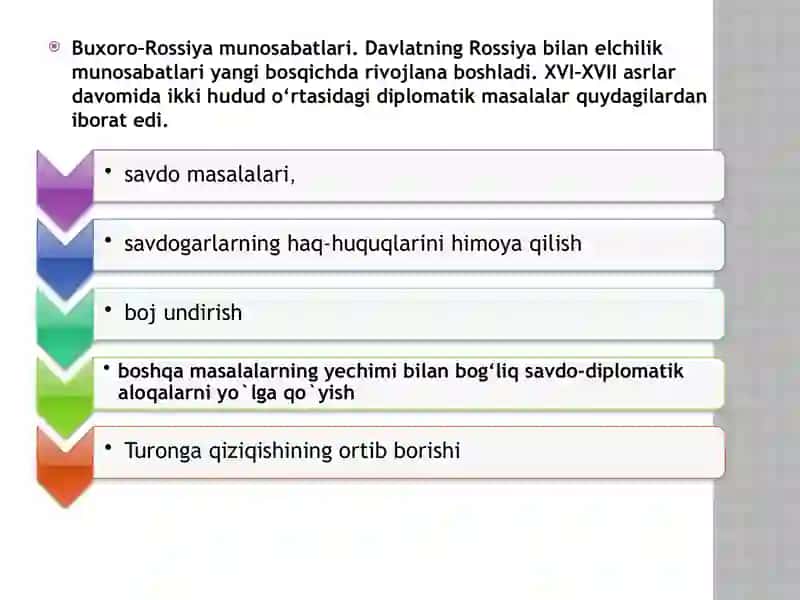 Buxoro amirliging angliya, rossiya, eron turkiya bilan diplomatik aloqalari 2