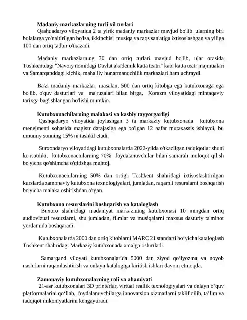 Madeniyat oraylari ham kitapxanalar iskerligin muwapaqlastiriw ham basqariw 2