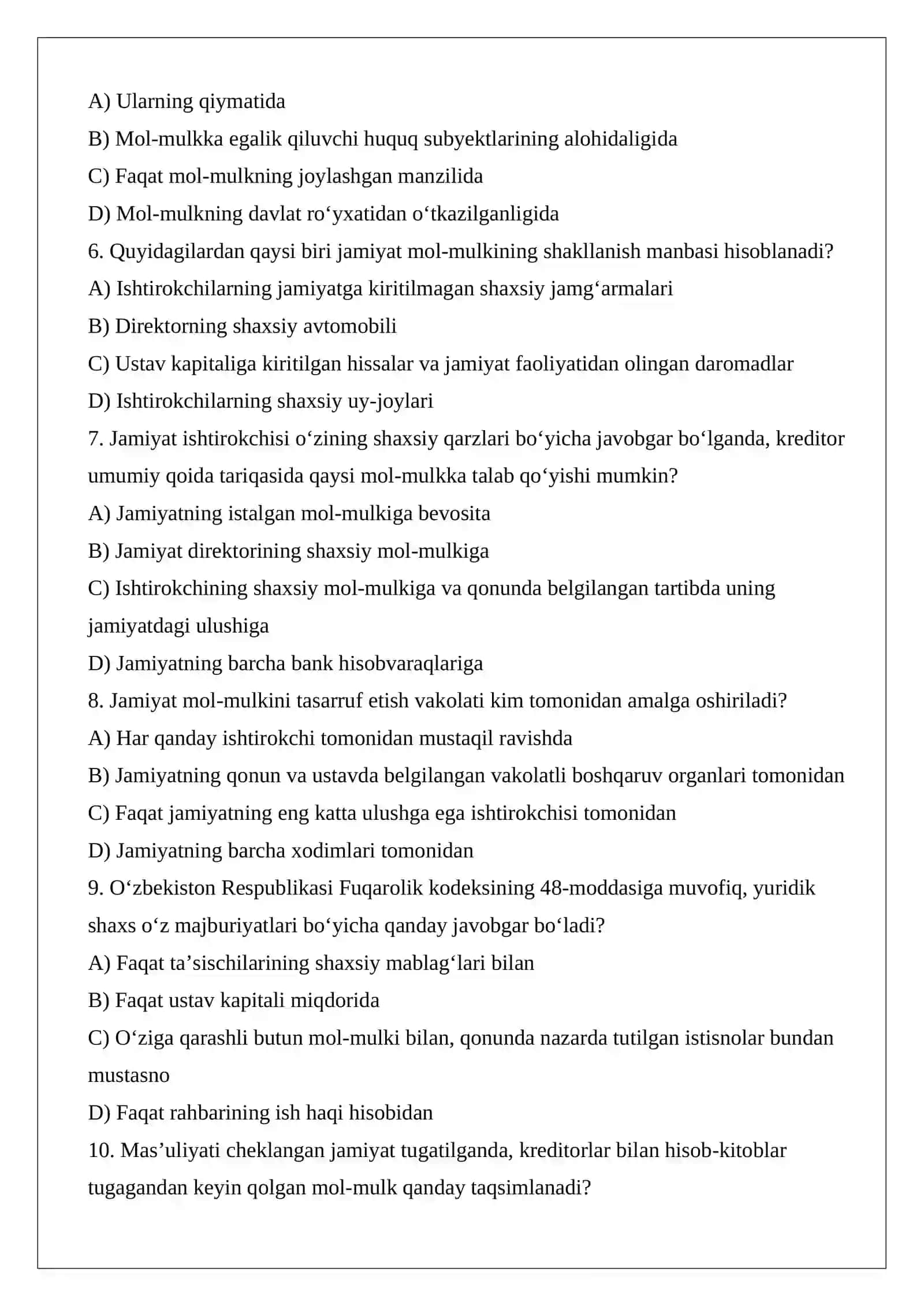 Korporatsiya mol-mulkining huquqiy holati jamiyat mol-mulki va ishtirokchilarning shaxsiy mol-mulki o‘rtasidagi farq test.docx 2