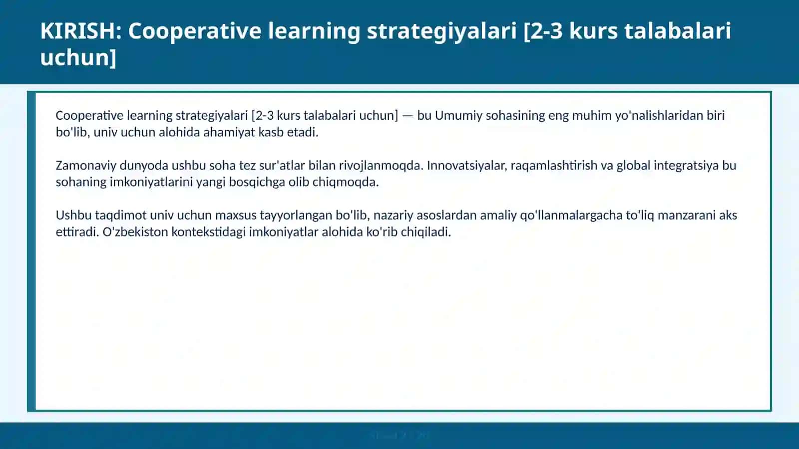 Cooperative learning strategiyalari [2-3 kurs talabalari uchun] 2