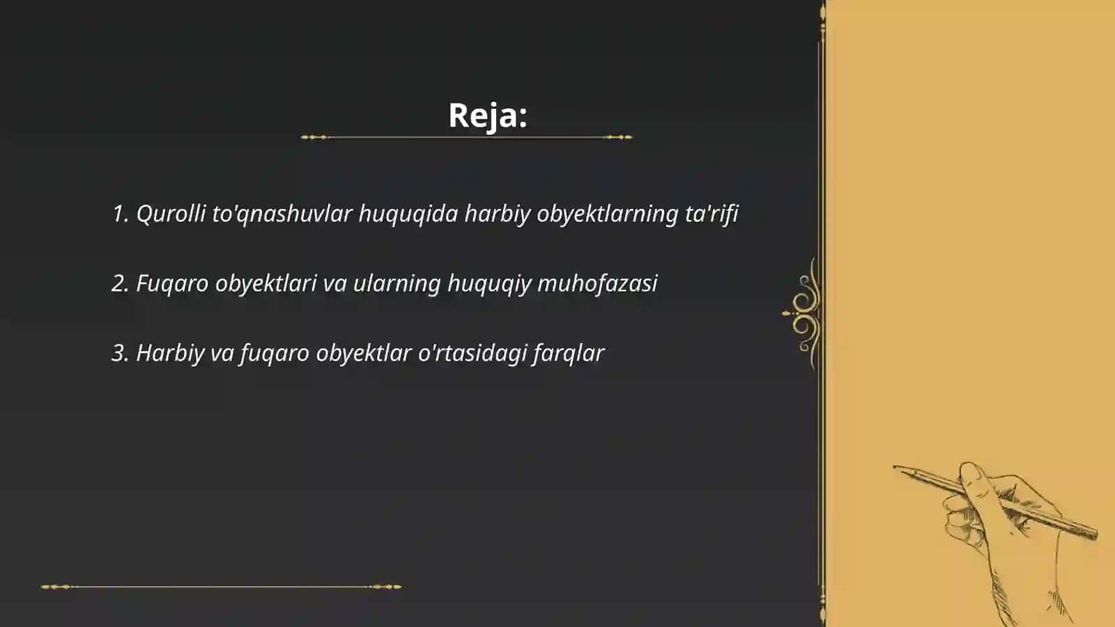 Qurolli to'qnashuvlar huquqiga muvofiq harbiy obyektlar va fuqaro obyektlari. Madaniy qadriyatlarga kiruvchi obyektlar ro'yxati. Yeneskoning vakolati 2
