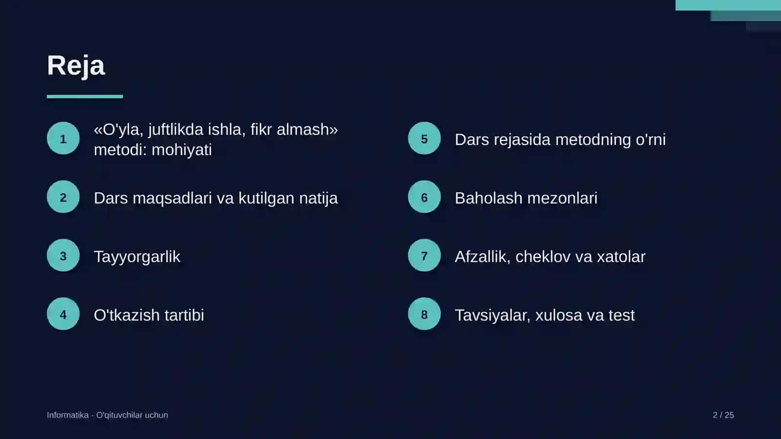 informatika darslarida o'yla juftlikda ishla fikr almash metodidan foydalanish 8156 2