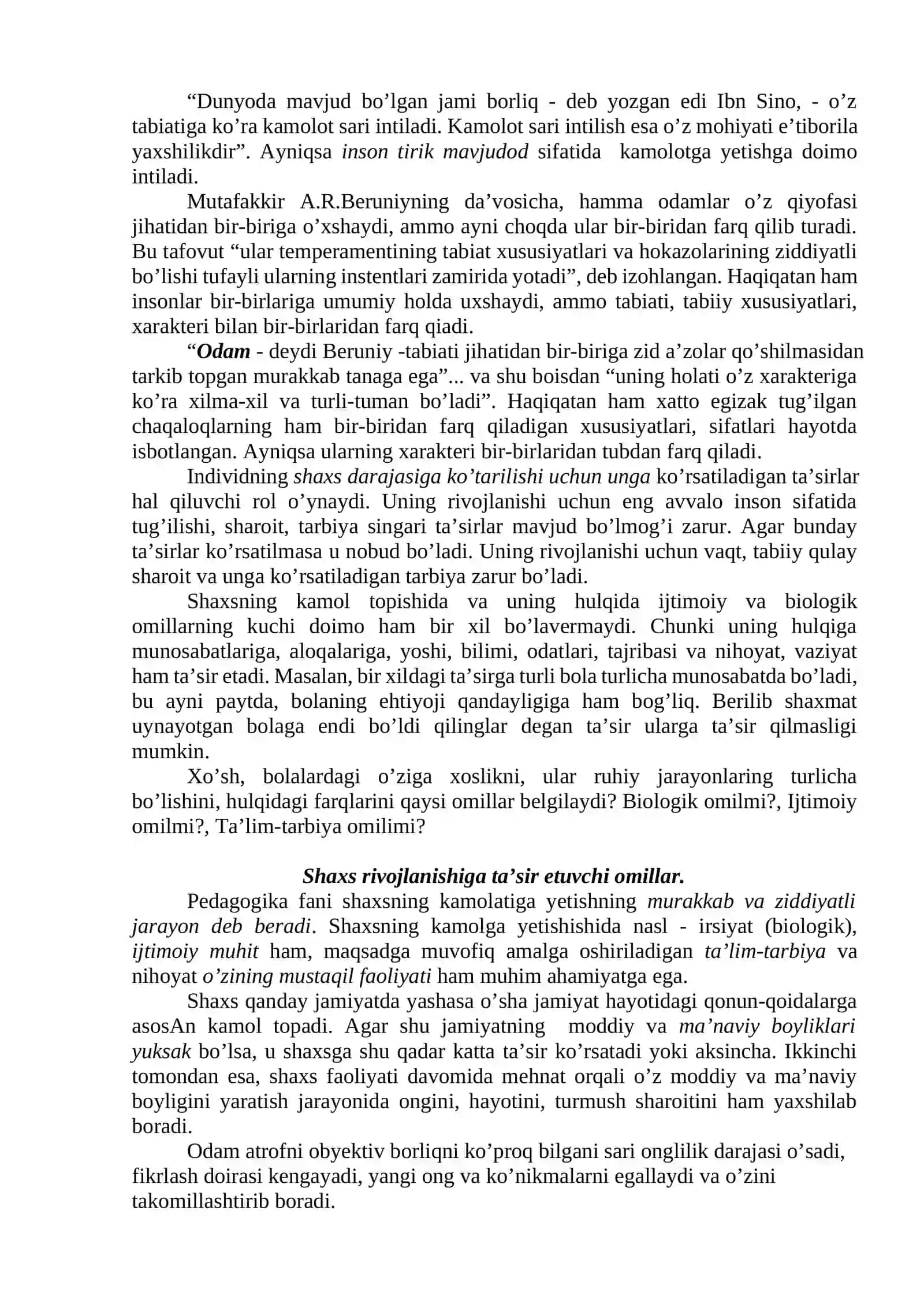 Shaxsning Rivojlanishi va Pedagogikani O'rganish 2