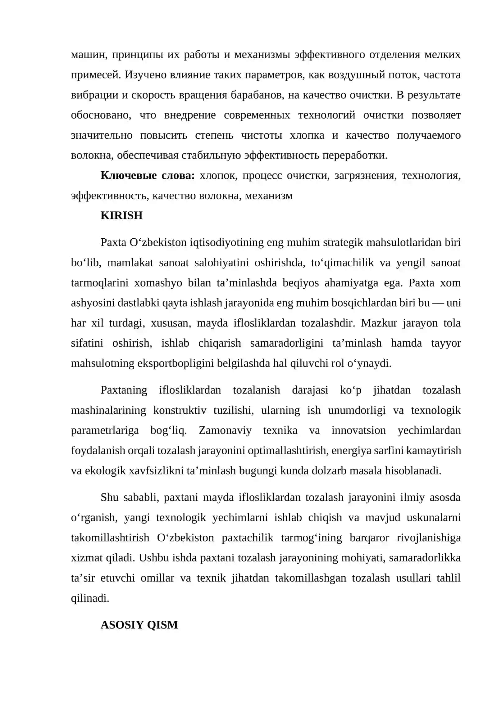Paxtani mayda iflosliklardan tozalash 2