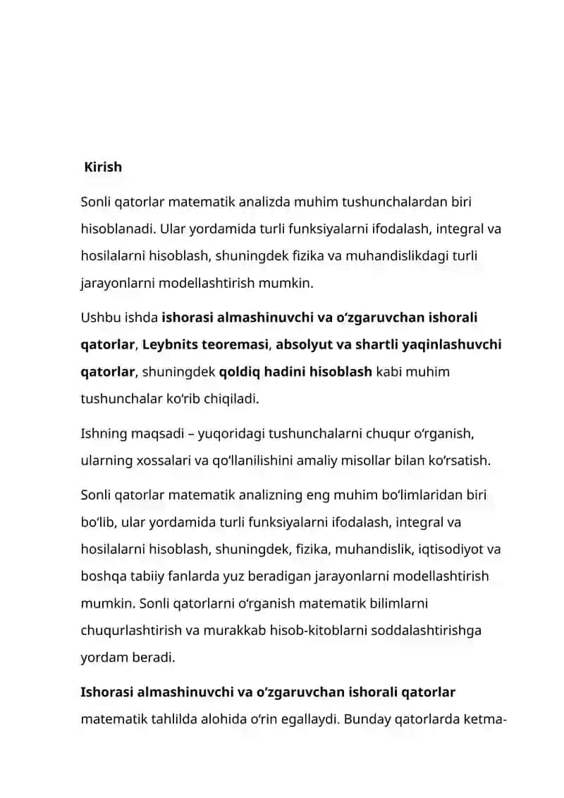 ISHORASI ALMASHINUVCHI VA OʻZGARUVCHAN ISHORALI SONLI QATORLAR, LEYBNITS TEOREMASI, ABSOLYUT VA SHARTLI YAQINLASHUVCHI QATORLAR, QOLDIQ HADI 2