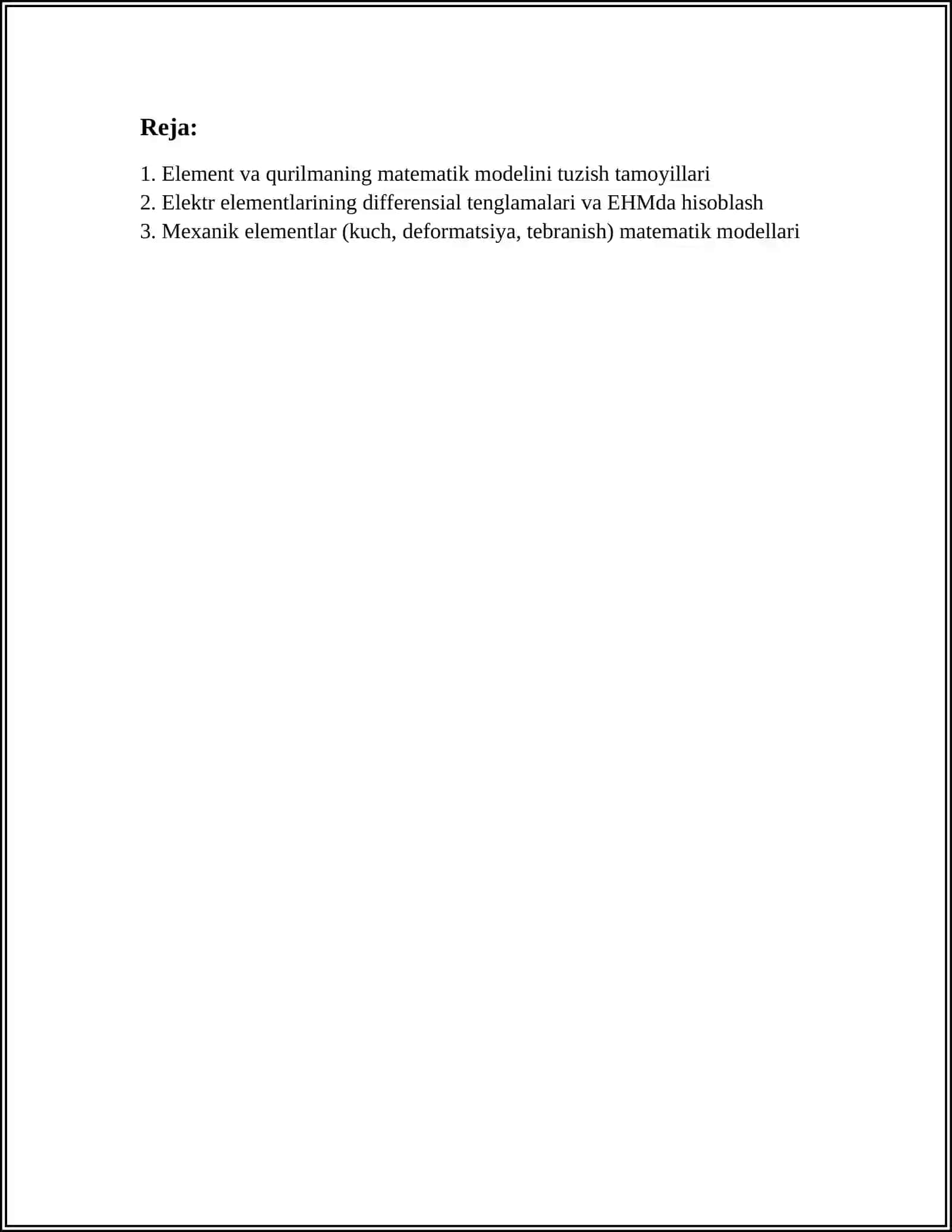 ELEMENT VA QURILMANING MATEMATIK MODELLARI VA ULARNI EHMDA HISOBLASH 2