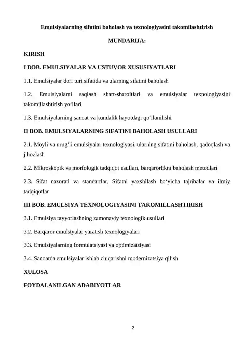 Emulsiyalarning sifatini baholash va texnologiyasini takomilashtirish 2