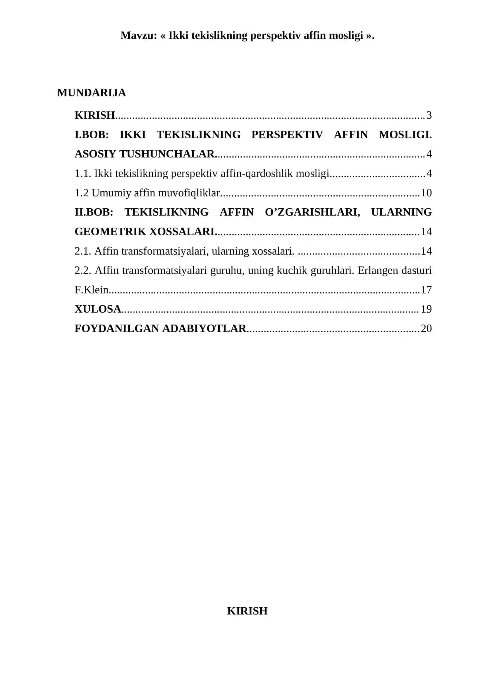 Ikki tekislikning perspektiv affin mosligi 2