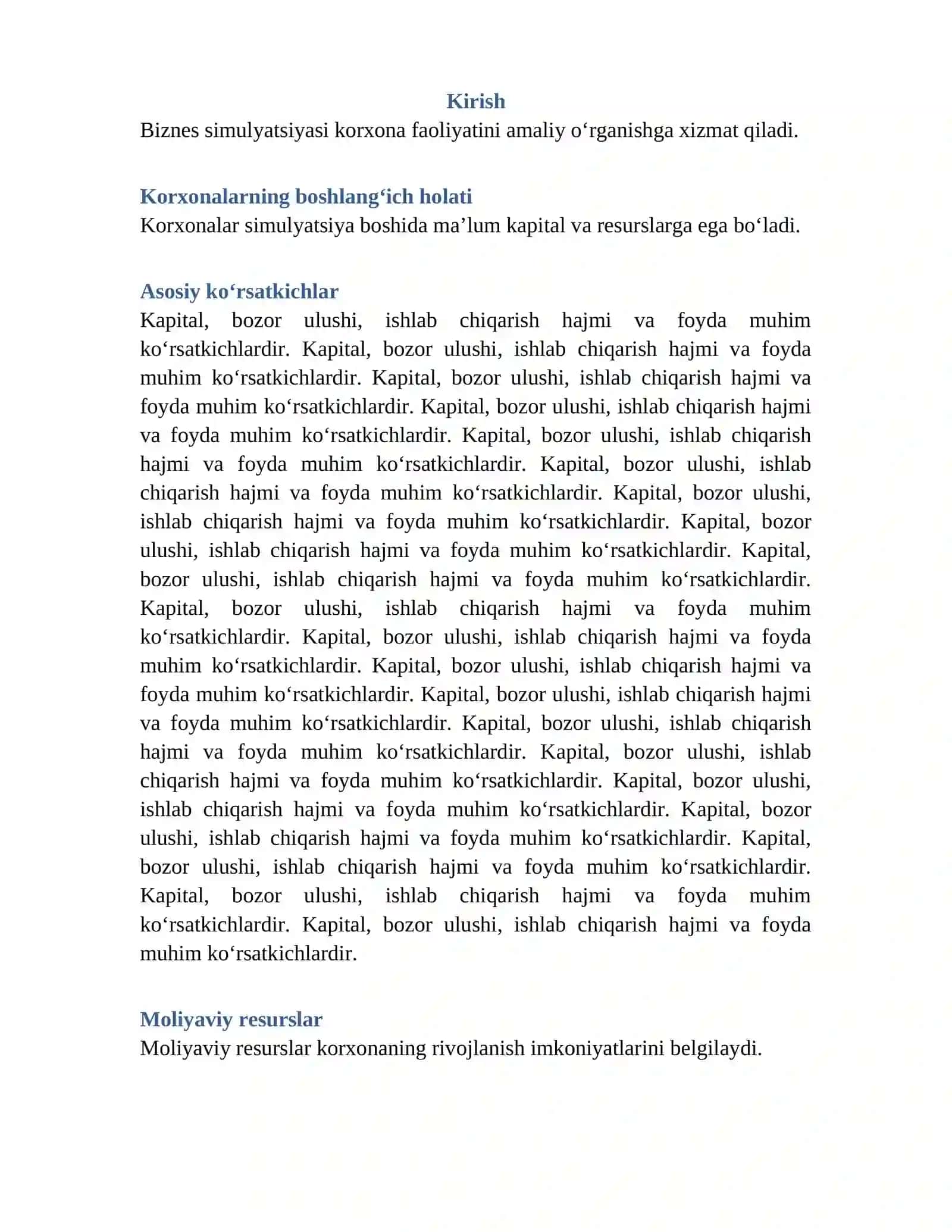 BIZNES ASOSLARI: SIMULYATSIYAGA QARSHI KORXONALARNING BOSHLANG‘ICH HOLATI 2
