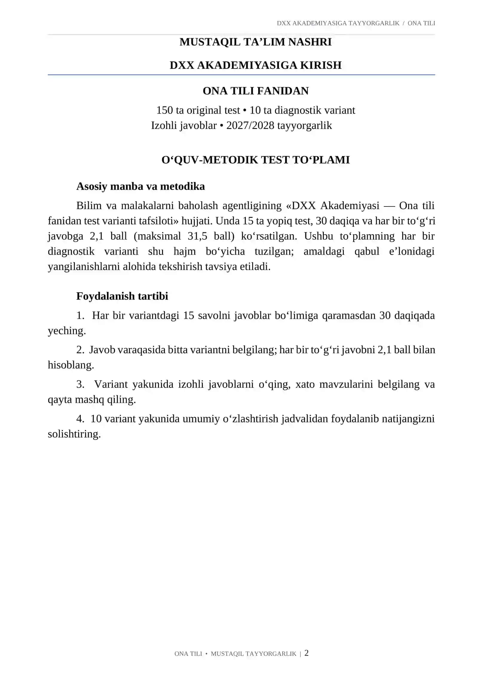 DXX AKADEMIYASIGA KIRISH UCHUN ONA TILI FANIDAN NAMUNAVIY TESTLAR 2026-2027 QABUL 2