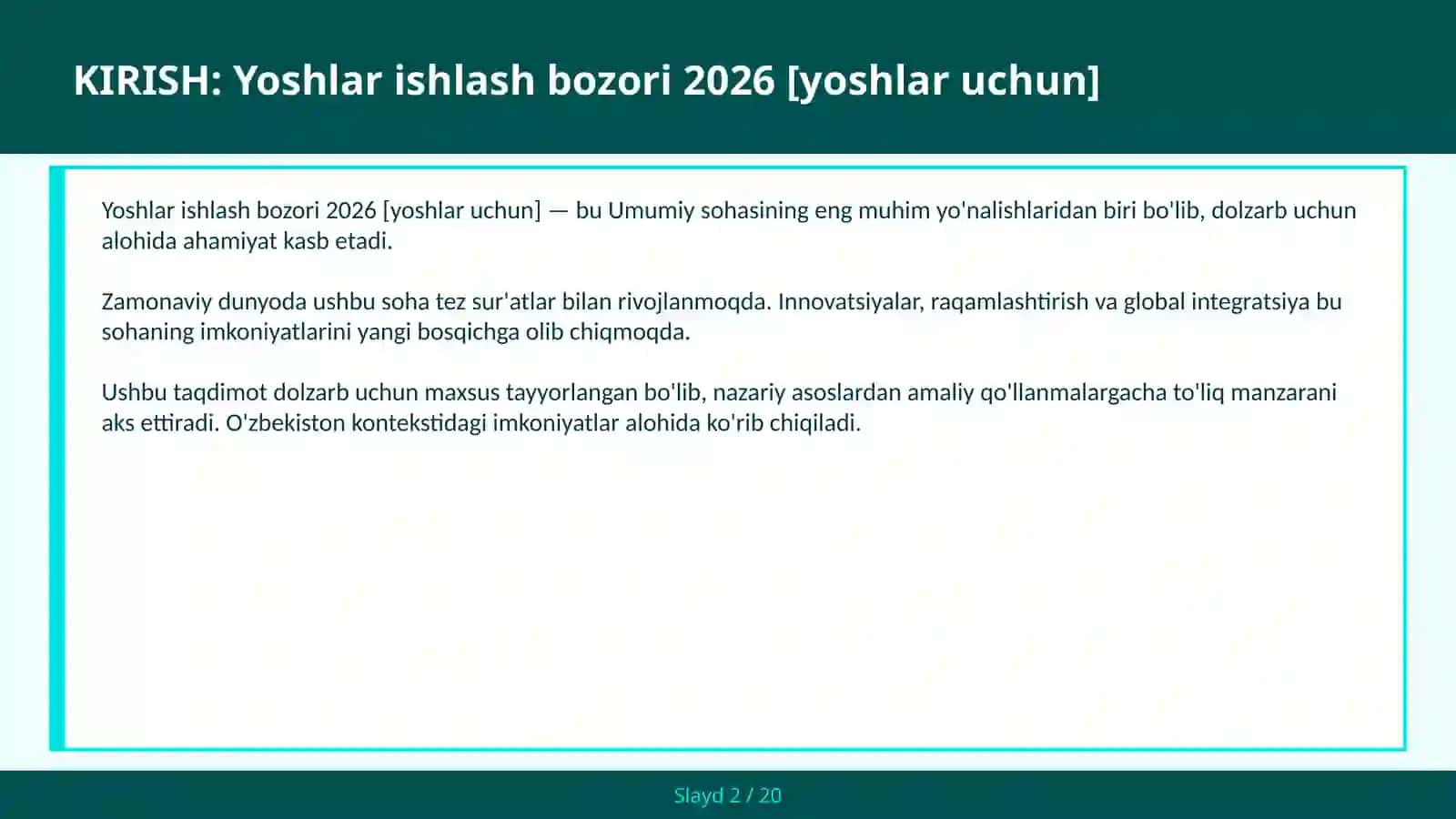 Yoshlar ishlash bozori 2026 [yoshlar uchun] 2