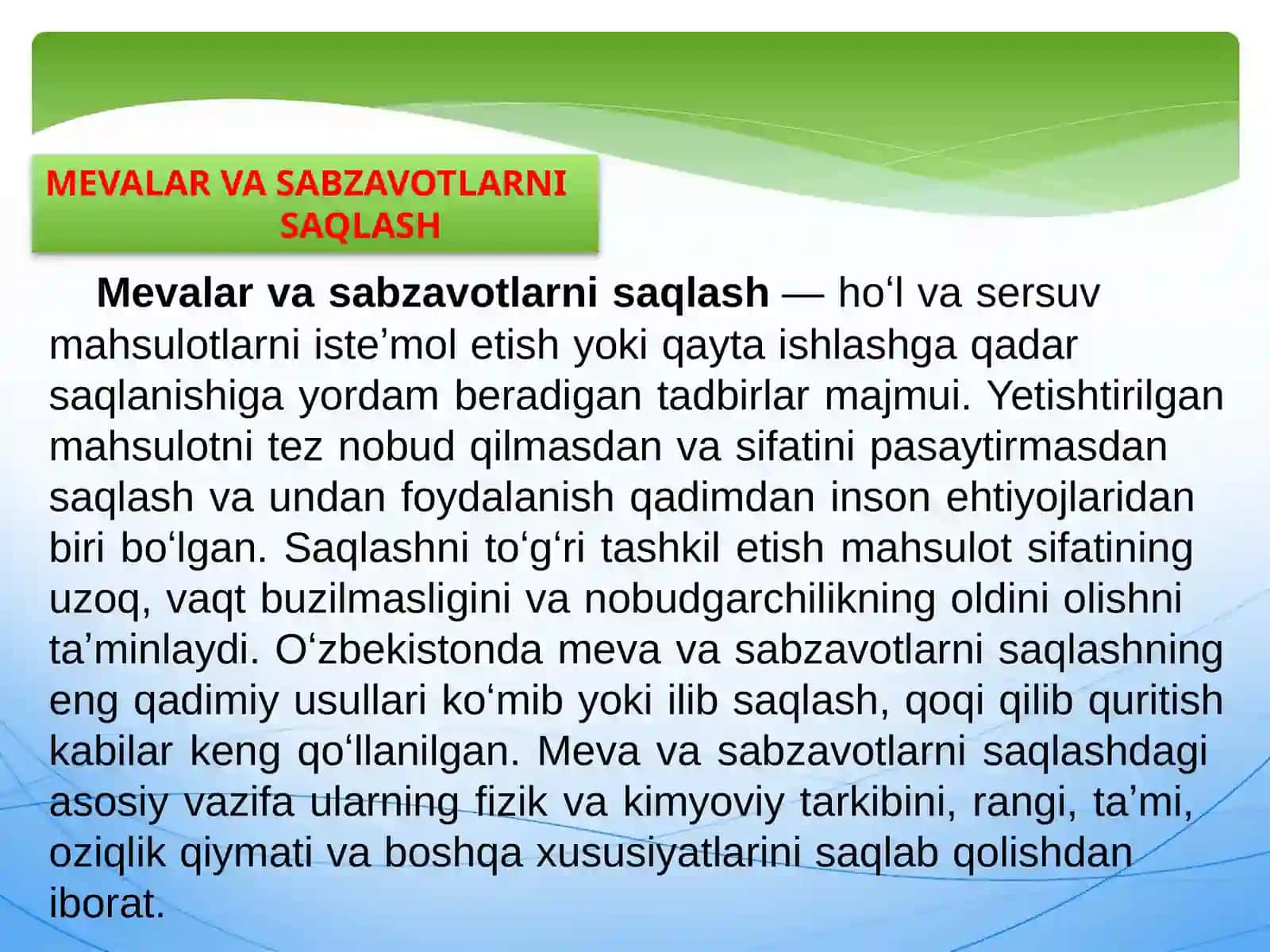 Meva va sabzavot mahsulotlari saqlash xavfsizlikgi va sifat ko`rsatkichlari 2