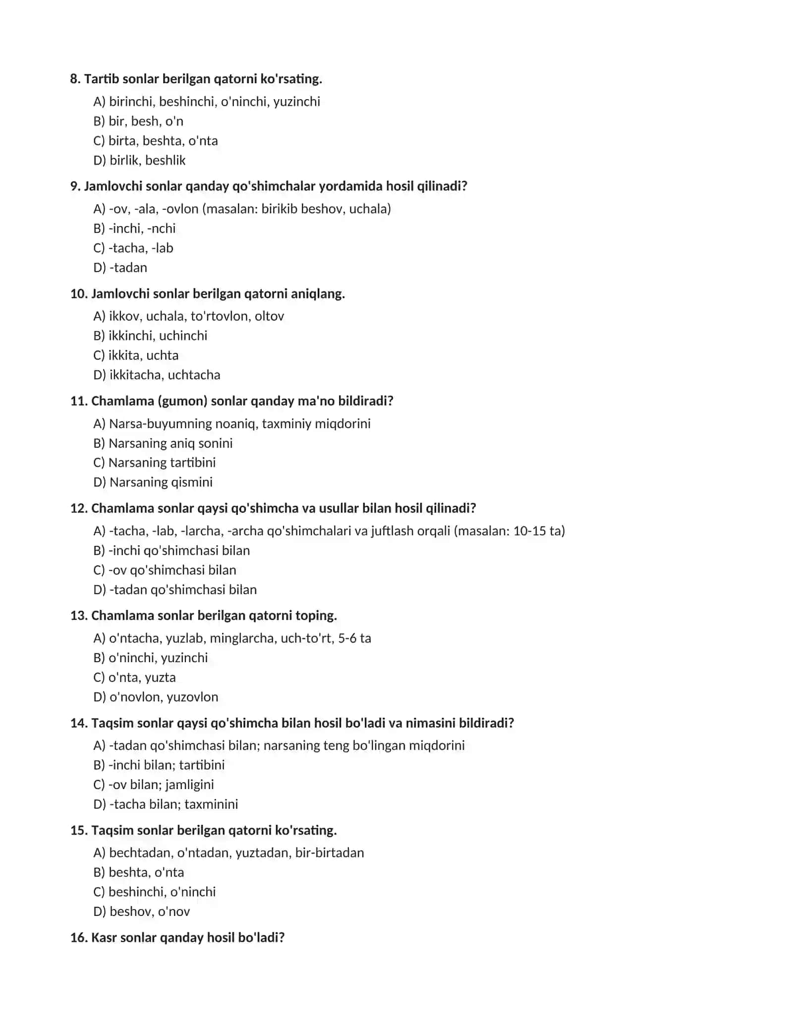 ONA TILI: SON SO'Z TURKUMI BO'YICHA TEST TOPSHIRIQLARI (100 ta test va kalitlar) 2