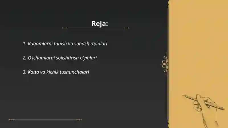 Matematik oʻyinlar yordamida bolalarda turli miqdoriy munosabatlar va oʻlcham haqidagi tasavvurlarini mustahkamlash 2