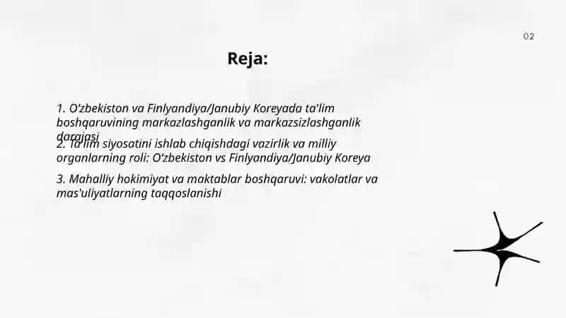 Ózbekizton talim tizimini boshqarish tuzulmasini boshqa davlat masalanFinlyandiya yoki Janubiy Koreya bilan solishtirib tahlili 2